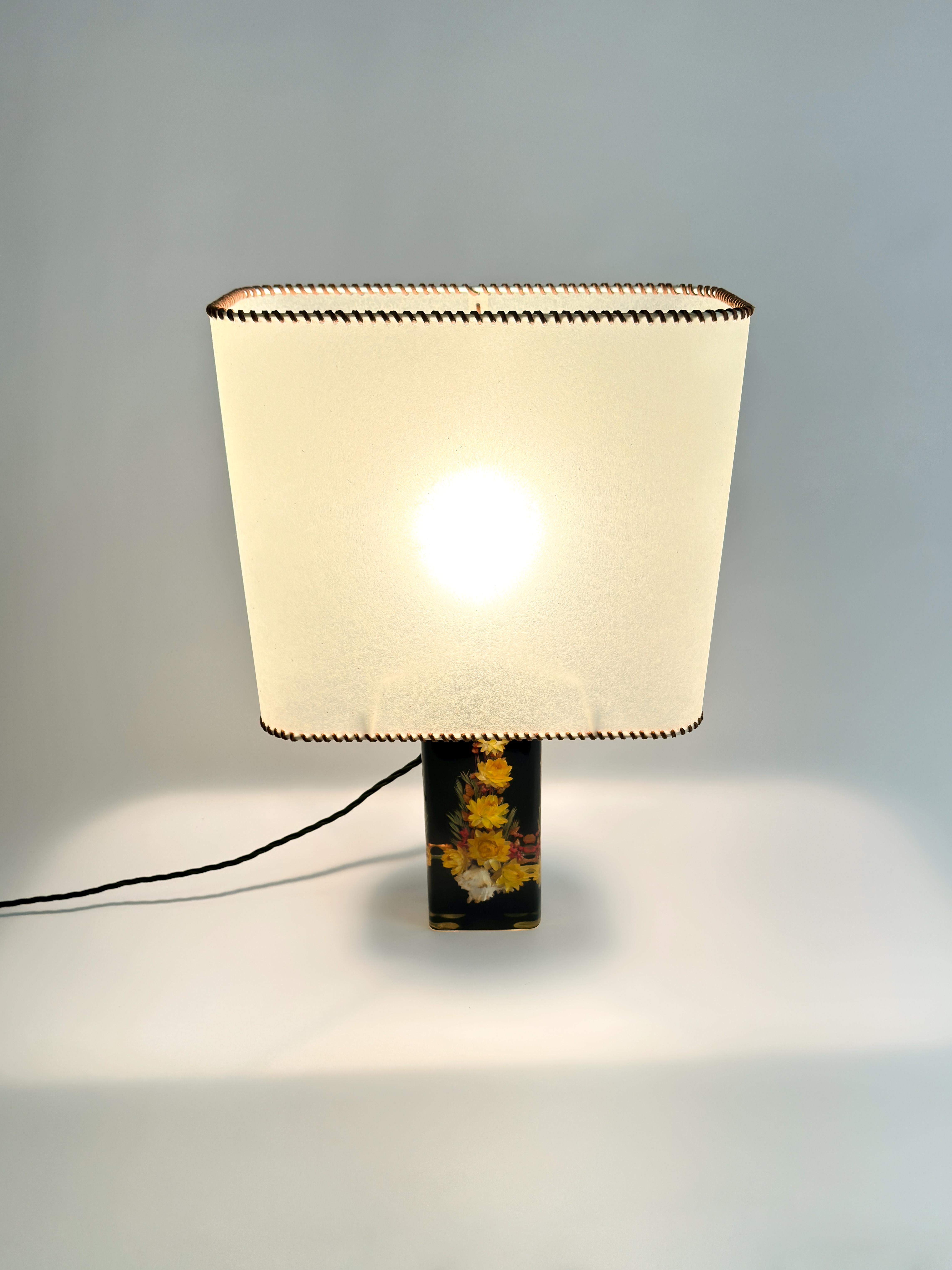 Black Resin Table Lamp with Parchment Lampshade c. 1960s In Good Condition For Sale In Glasgow, GB