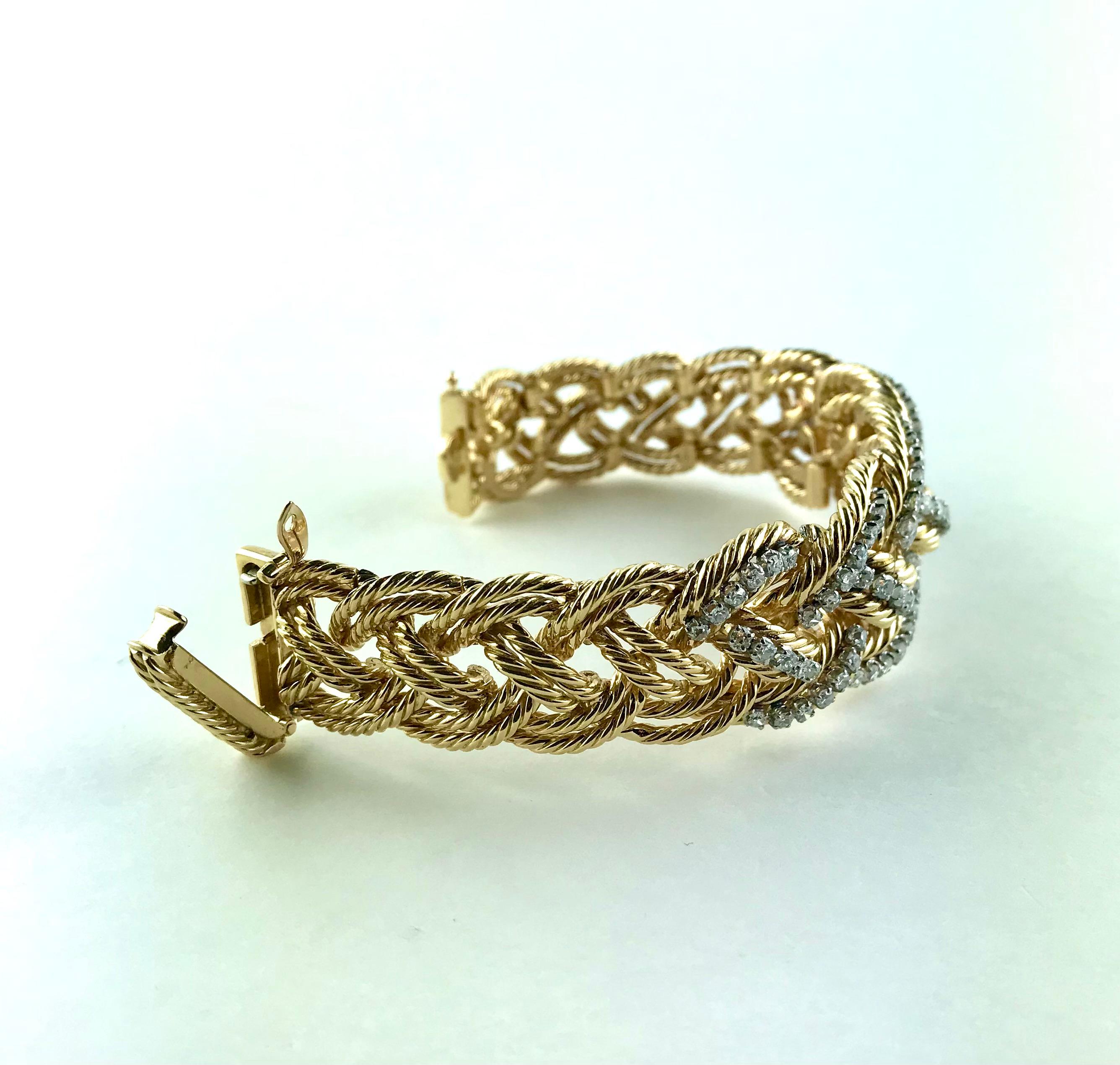 Women's 1960s Boucheron Diamond Yellow Gold Platinum Braided Bracelet For Sale