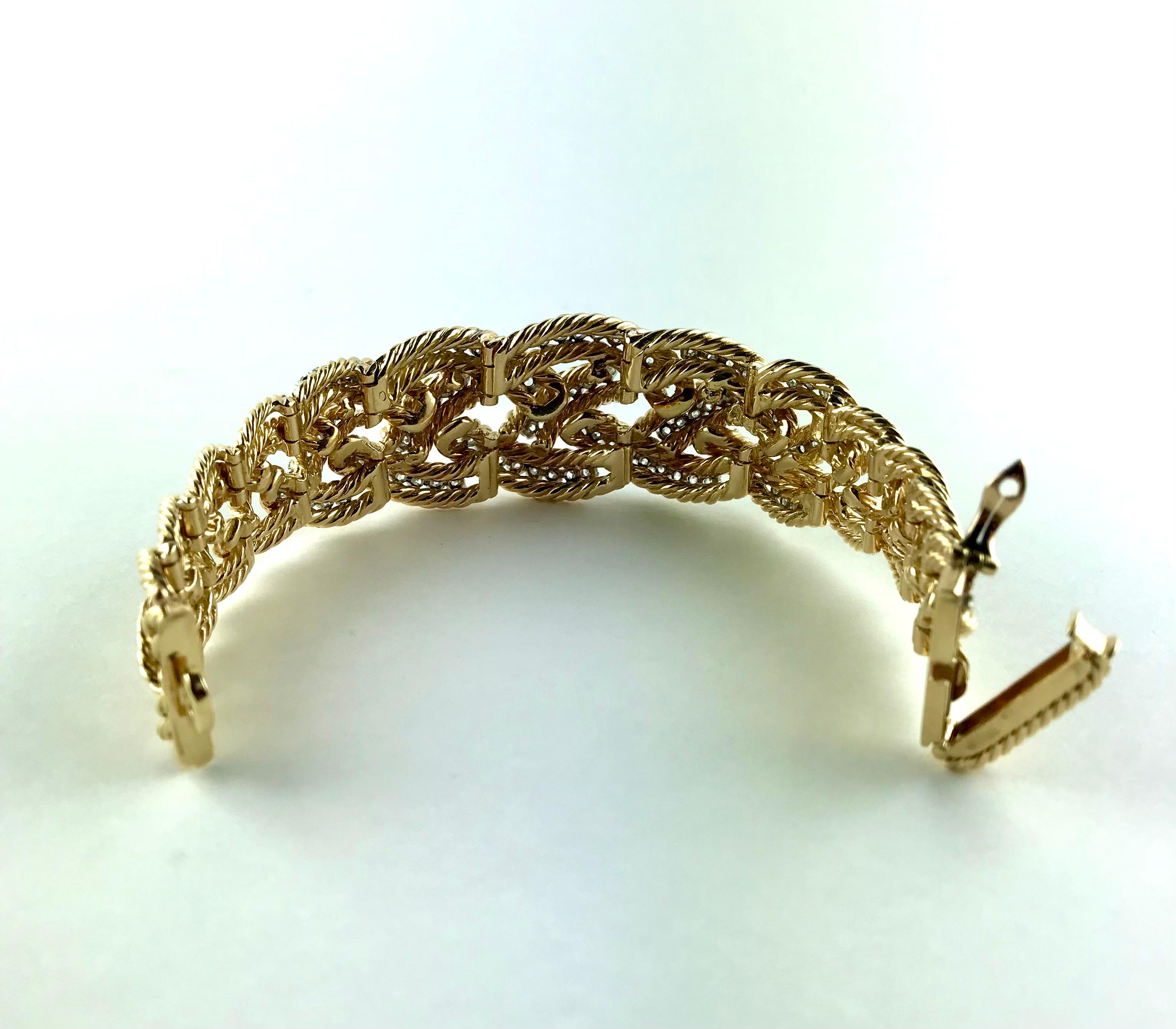 1960s Boucheron Diamond Yellow Gold Platinum Braided Bracelet For Sale 1