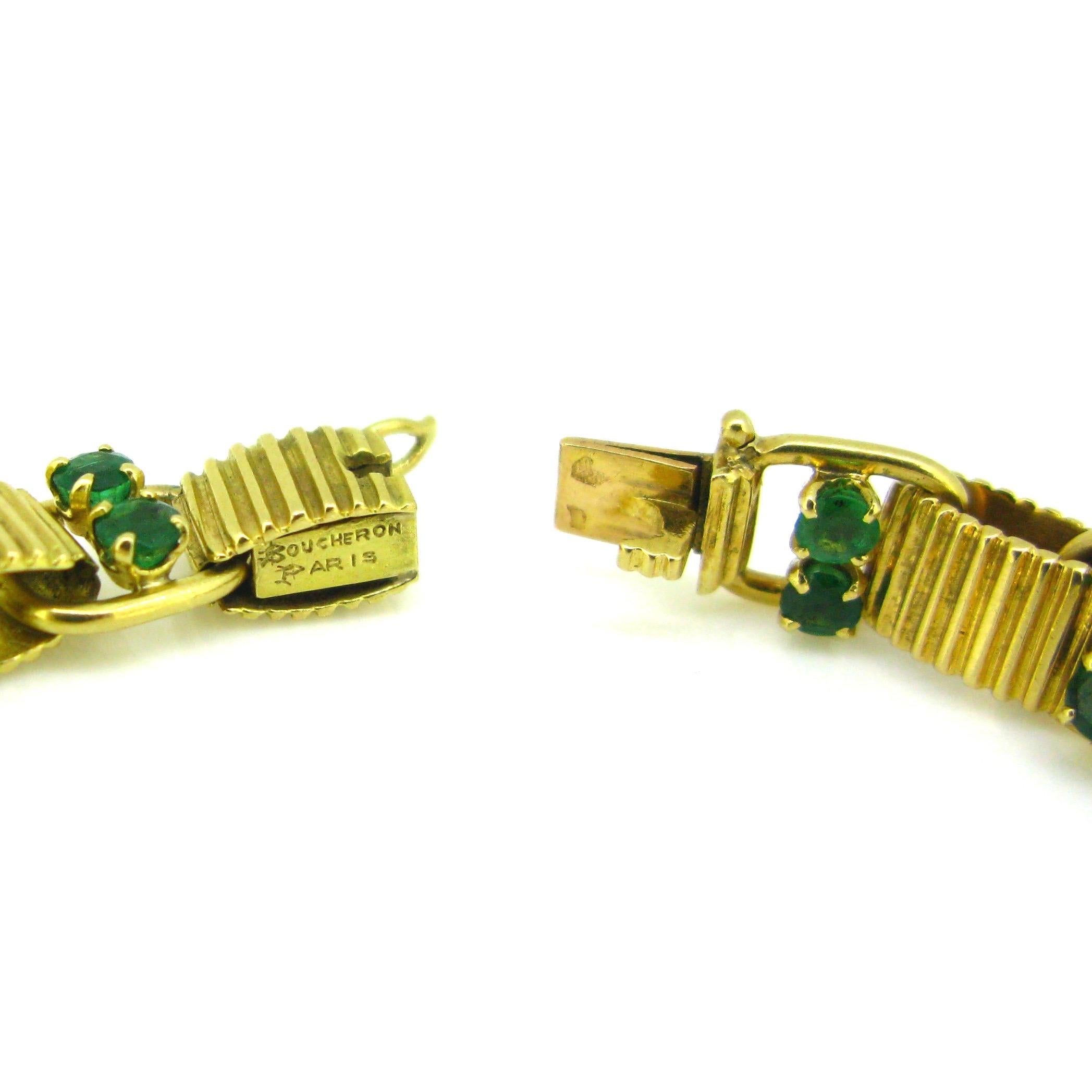 1960s Boucheron Paris Emeralds Yellow Gold Link Bracelet 1