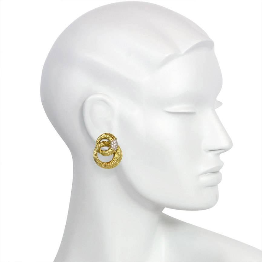 Women's or Men's 1960s Boucheron Textured Gold and Diamond Double Hoop Earrings