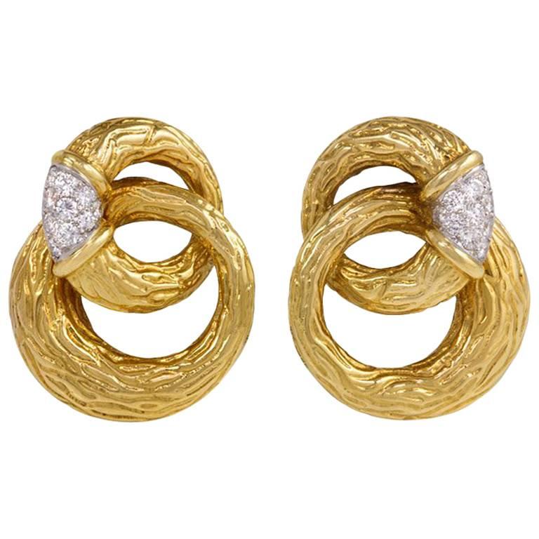 1960s Boucheron Textured Gold and Diamond Double Hoop Earrings