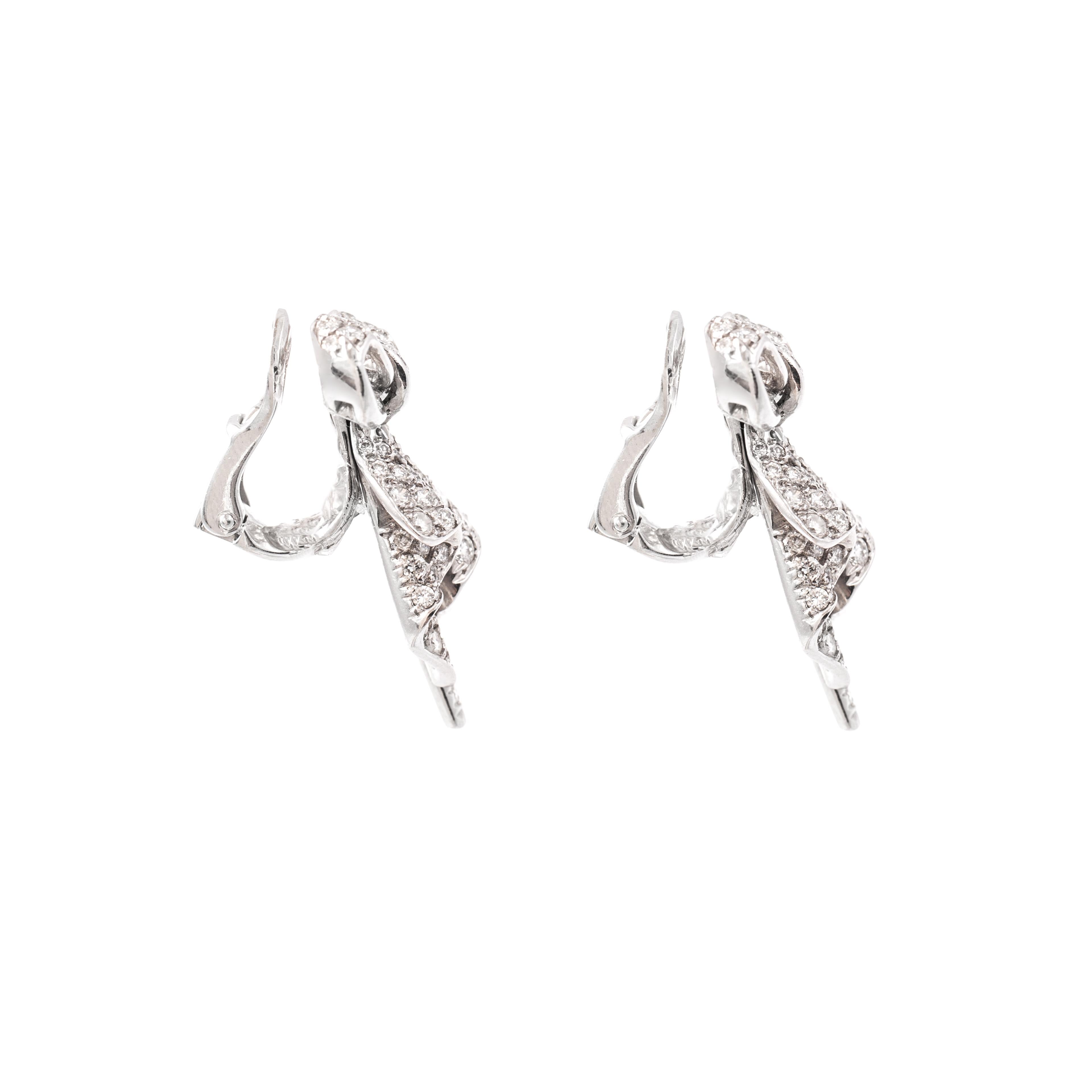 Women's or Men's 1960s Bow Diamond Platinum Earrings