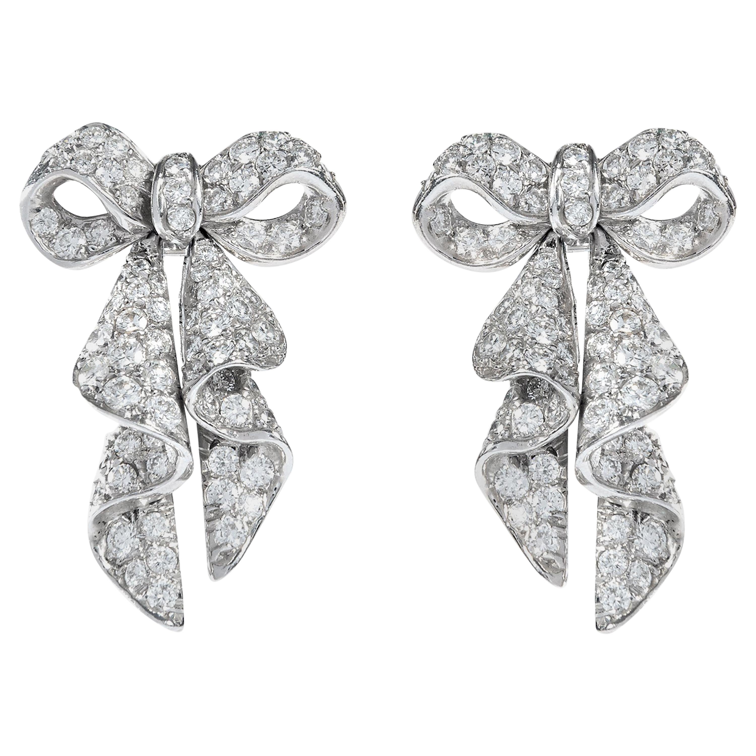 1960s Bow Diamond Platinum Earrings