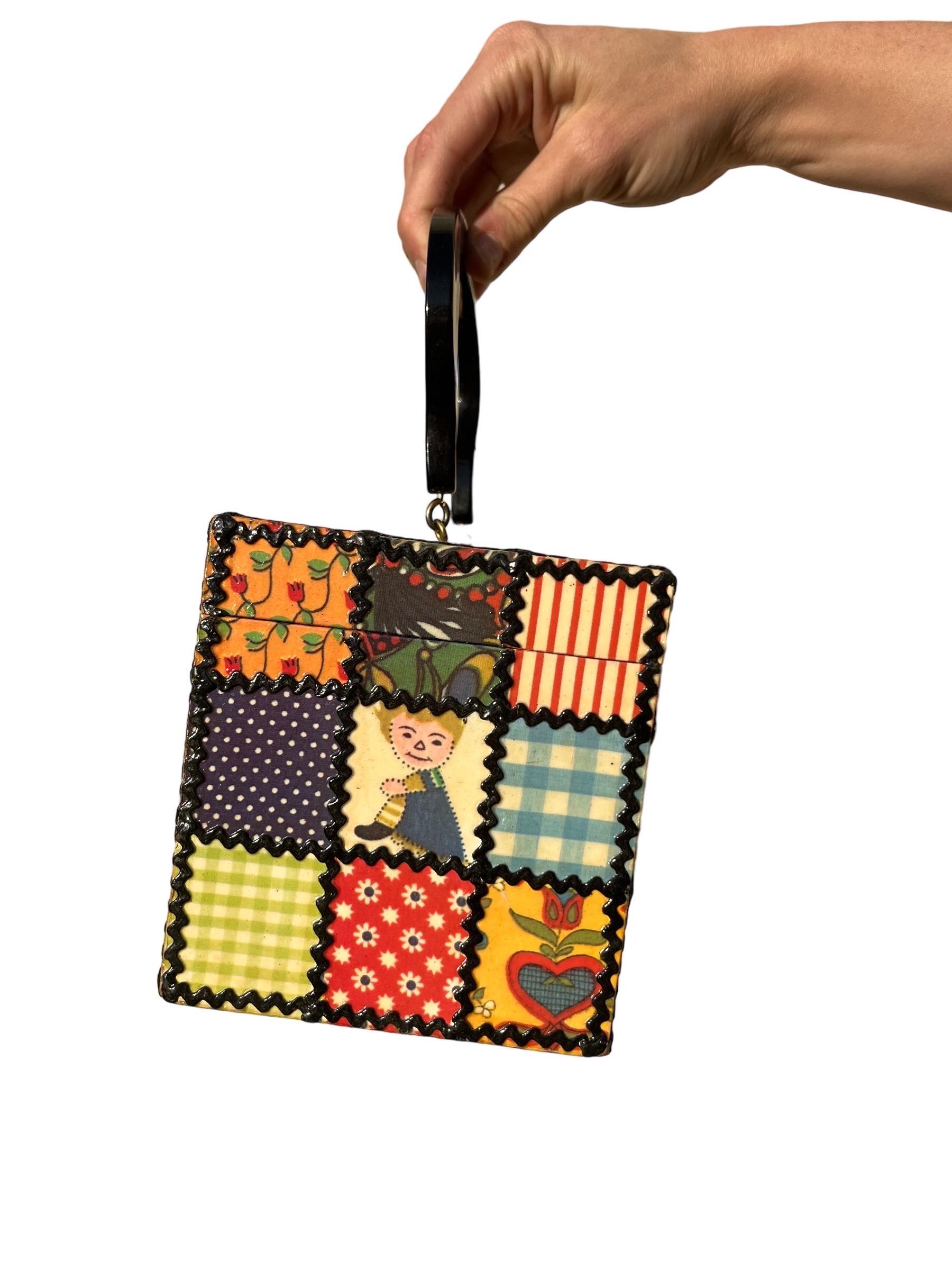 Women's 1960s Box Purse Patchwork Decoupage w/ Lucite