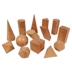 1960s Box with 14 Dismounplate Geometric Solids Oak Wood Signed Vallardi Milano 