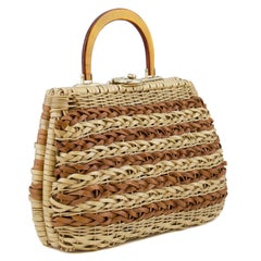 1960s Braided Tan and Brown Wicker Top Handle Bag
