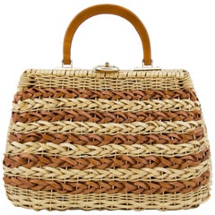 1960s Braided Tan and Brown Wicker Top Handle Bag