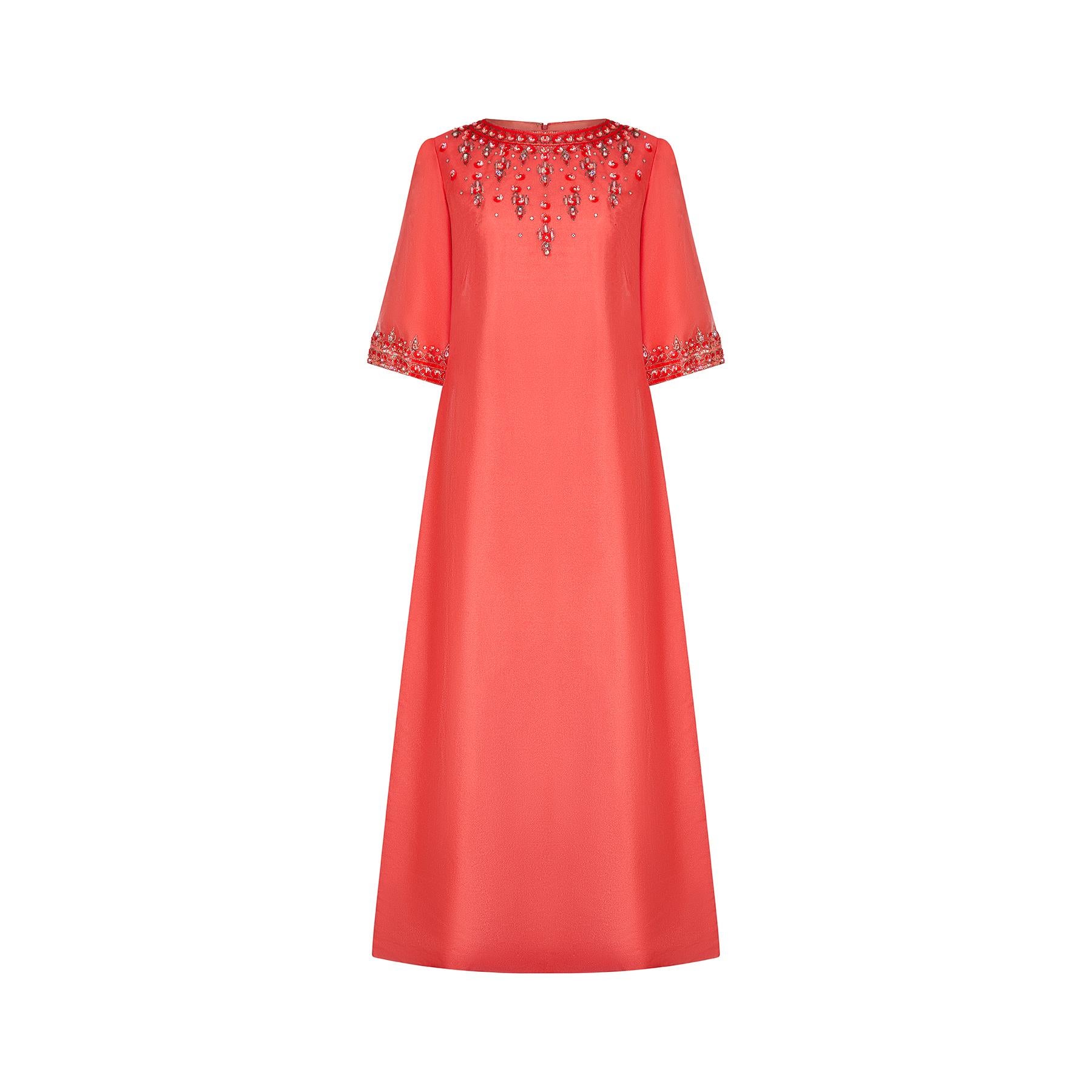 Robe rouge corail perlée modèle Bramel des années 1960 Pour femmes en vente