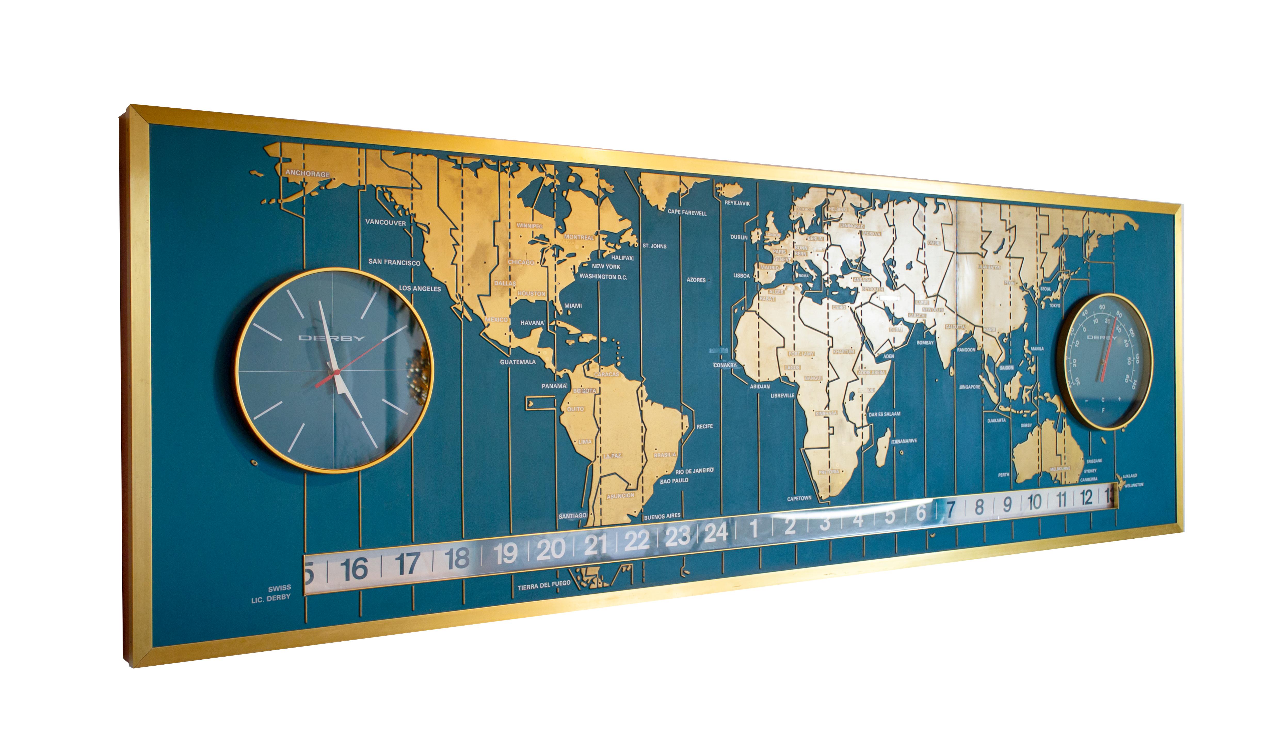 From the Braniff Place World Headquarters in Dallas, Texas comes this massive, one of a kind low-relief 9’ world map. It has a functional Derby Clock on the left side and a thermometer on the right. The numerical strip at the bottom is a functional