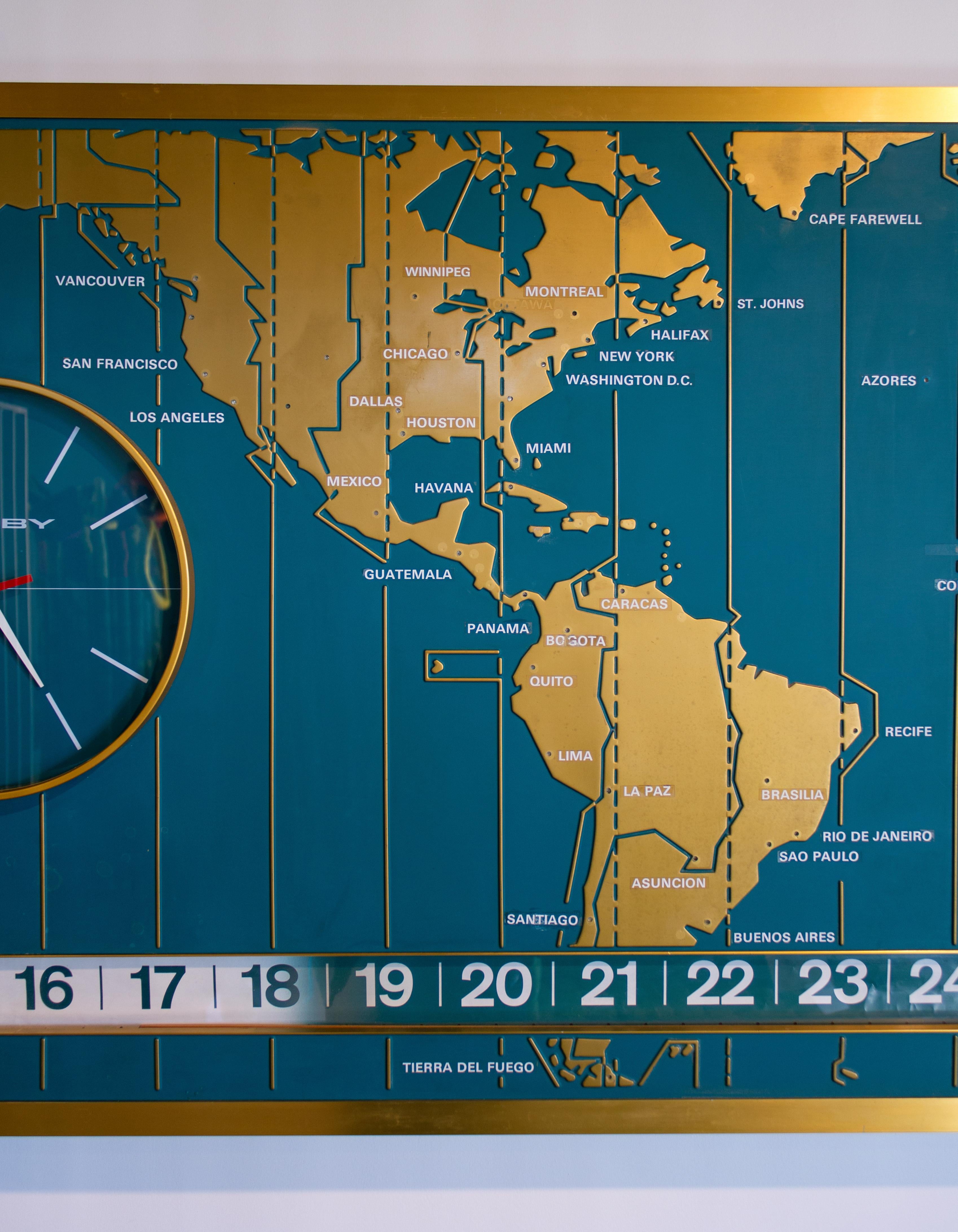 Mid-Century Modern 1960s Braniff Airlines World Map Doomsday Clock with Programmable Lighting