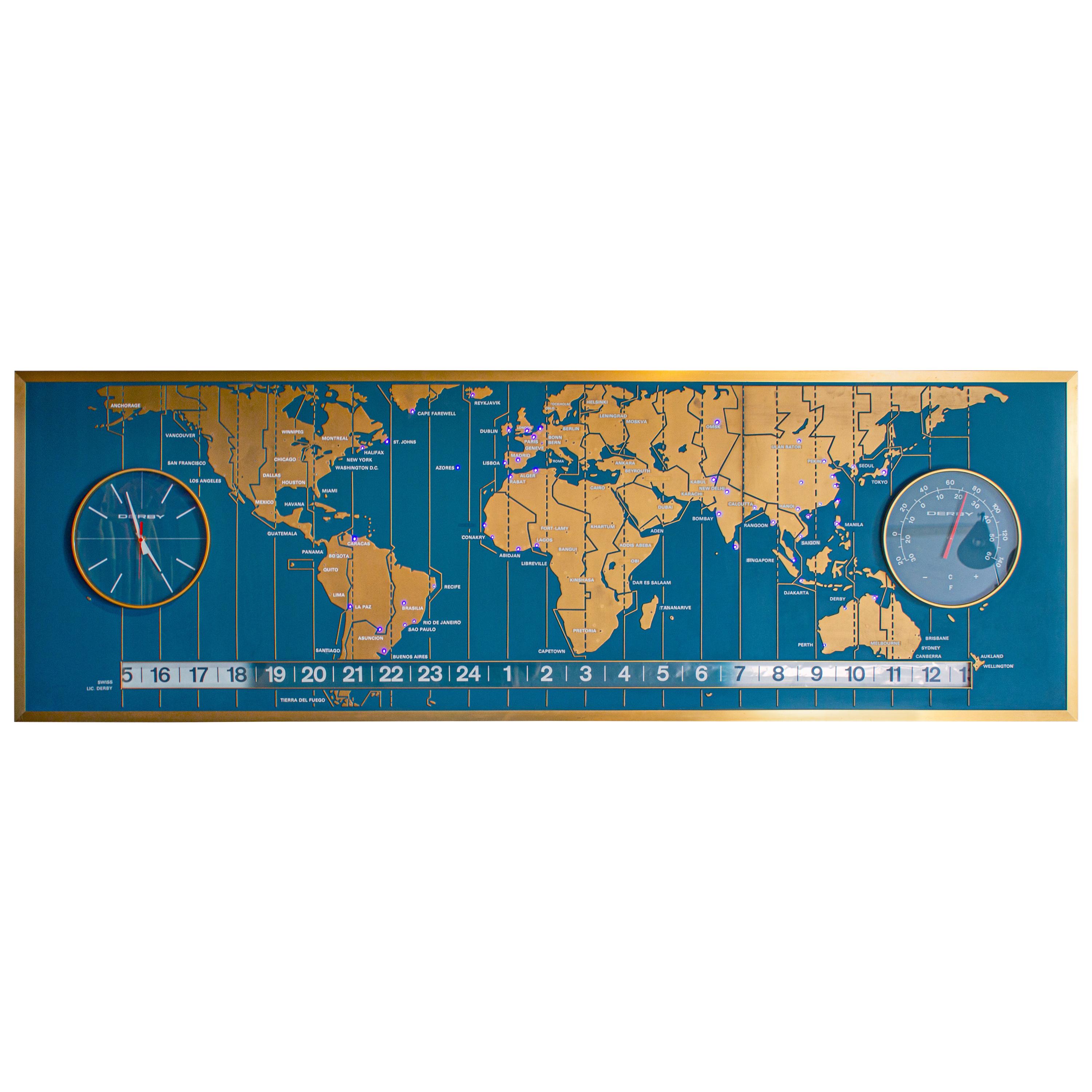 1960s Braniff Airlines World Map Doomsday Clock with Programmable Lighting