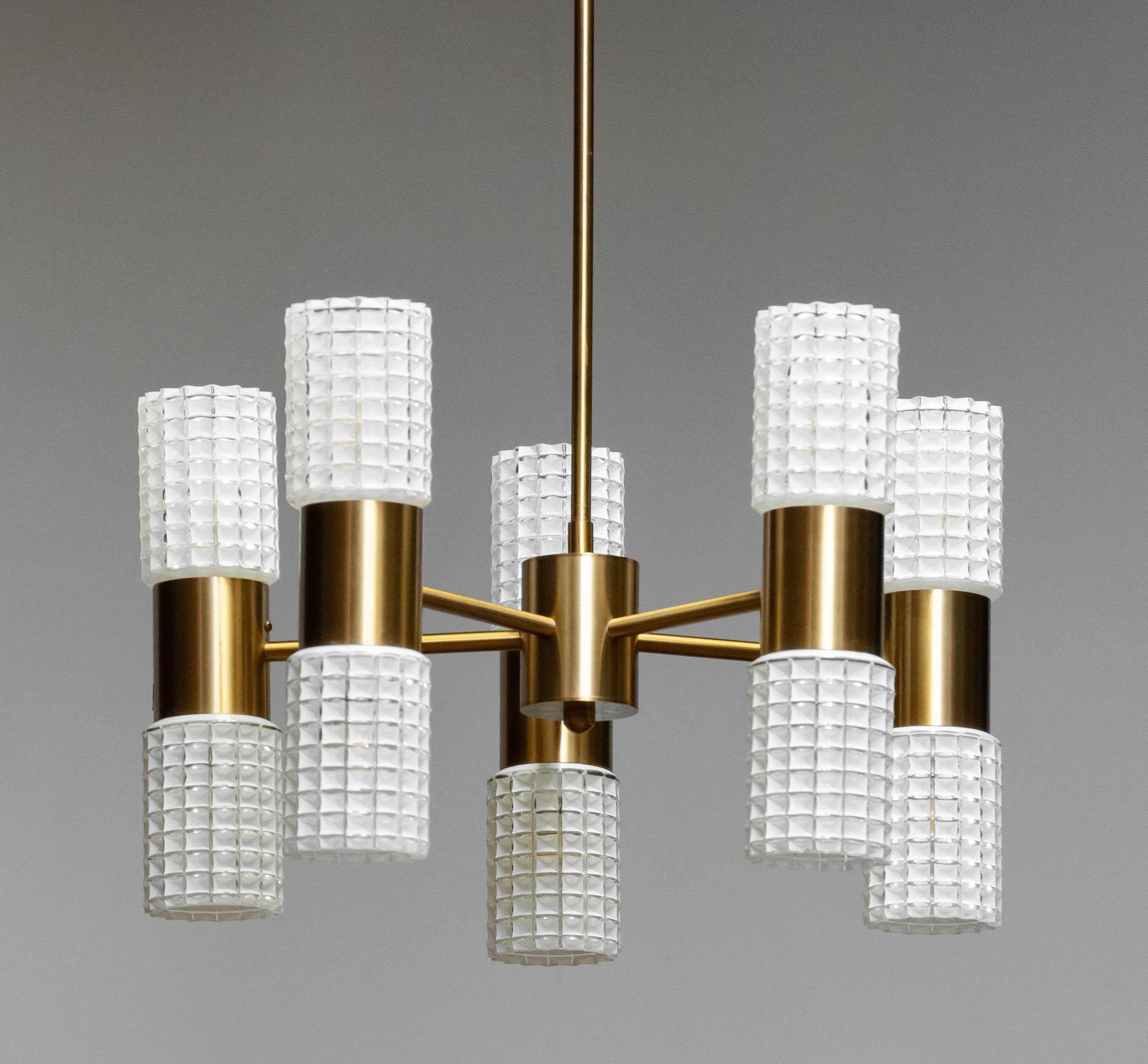 Mid-20th Century 1960s Brass and Art Glass Chandelier by Hans-Agne Jakobssen for Markaryd Sweden For Sale