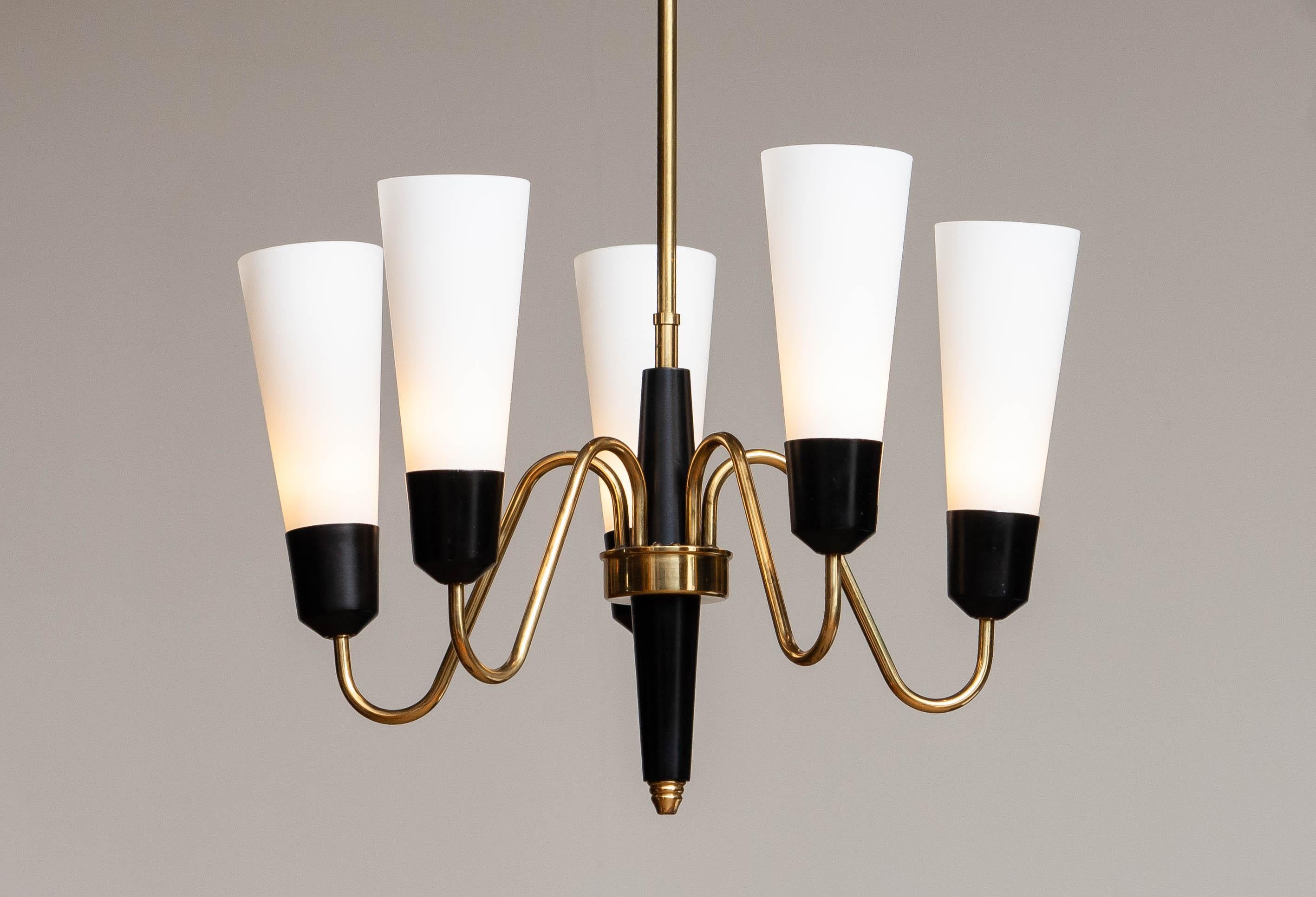 Mid-Century Modern 1960's Brass and Black Italian Chandelier with Slim White Frosted Glass Vases