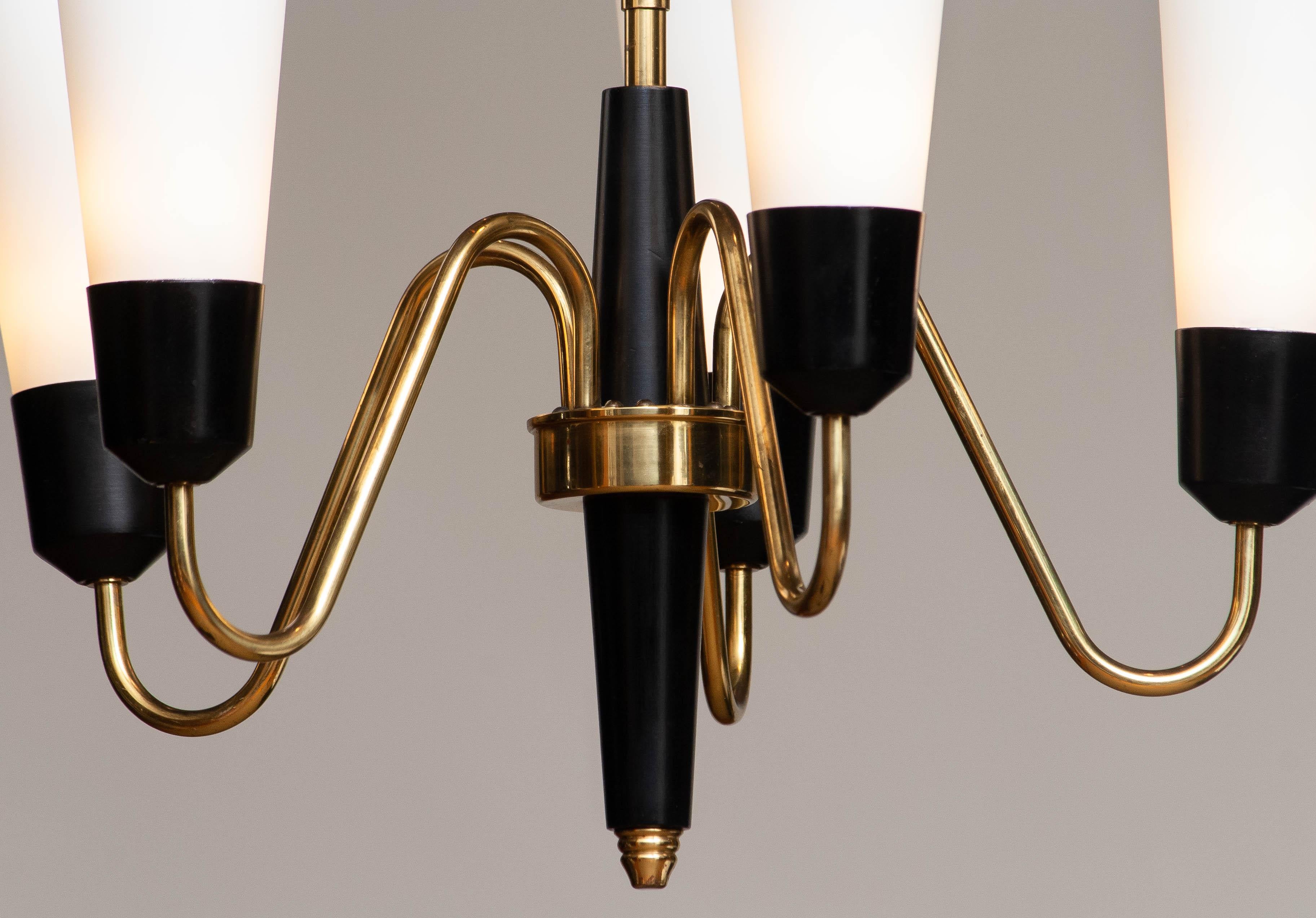 Mid-20th Century 1960's Brass and Black Italian Chandelier with Slim White Frosted Glass Vases