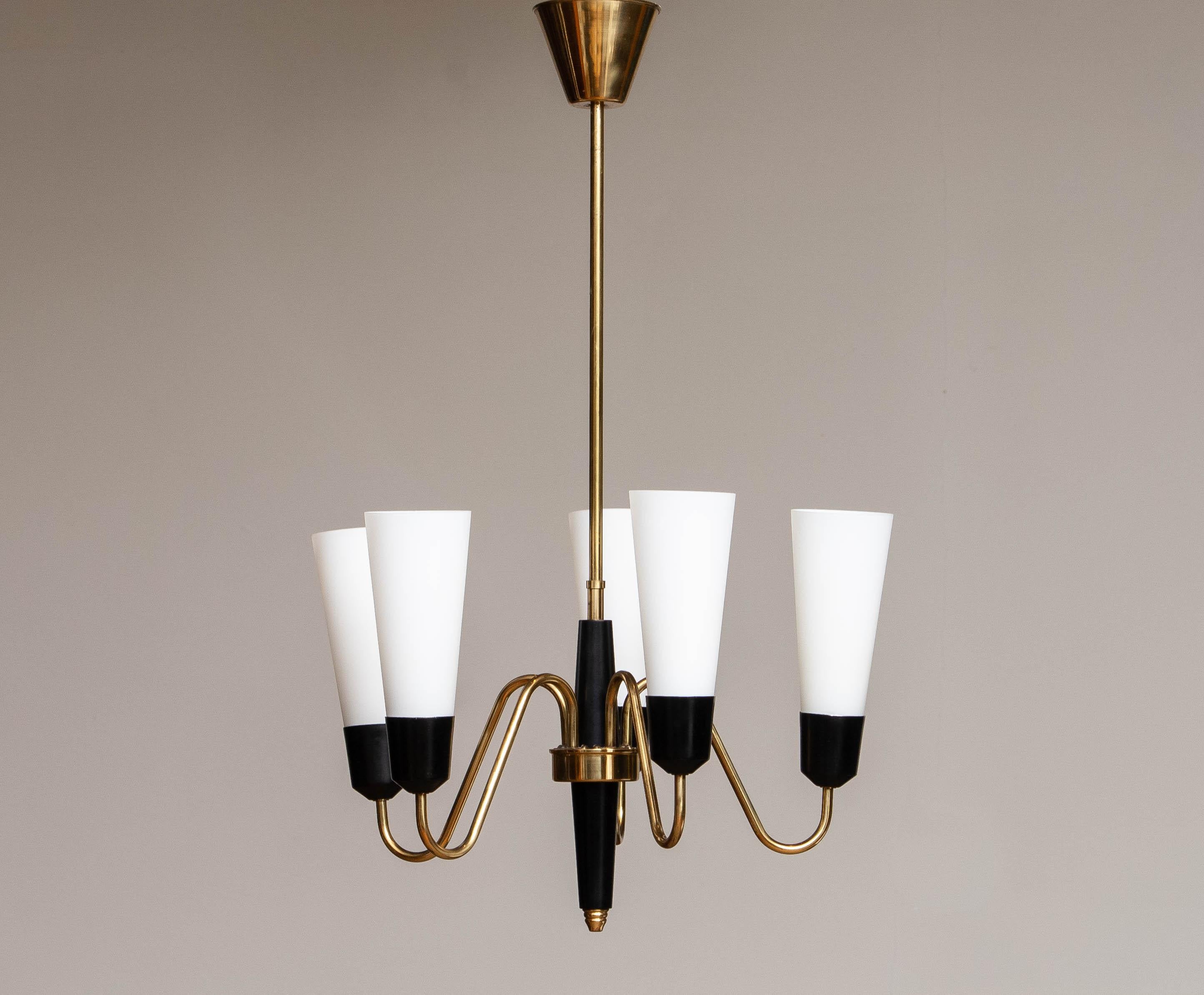 Aluminum 1960's Brass and Black Italian Chandelier with Slim White Frosted Glass Vases