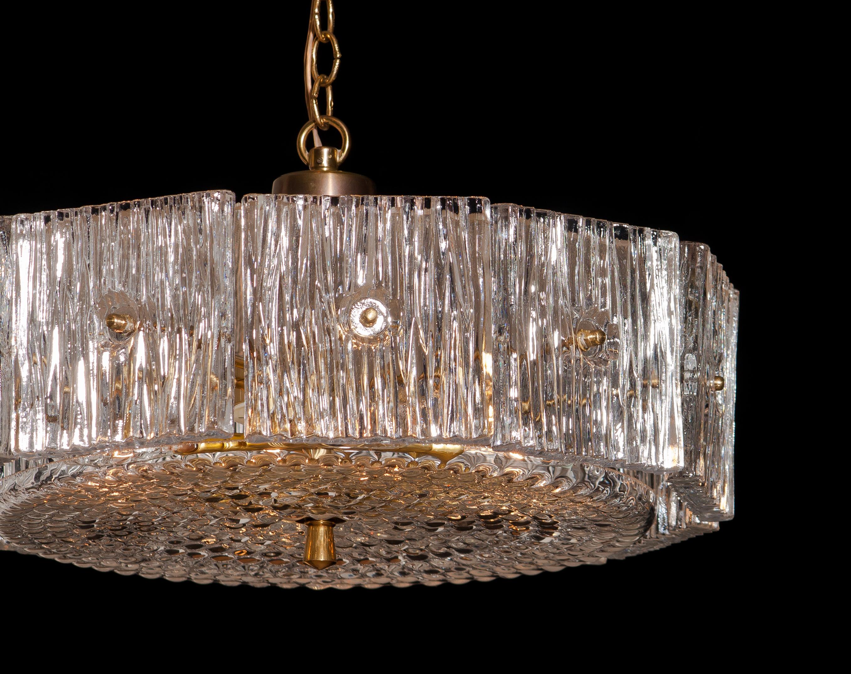1960s, Brass and Clear Crystal Pendant by Carl Fagerlund for Orrefors In Excellent Condition In Silvolde, Gelderland