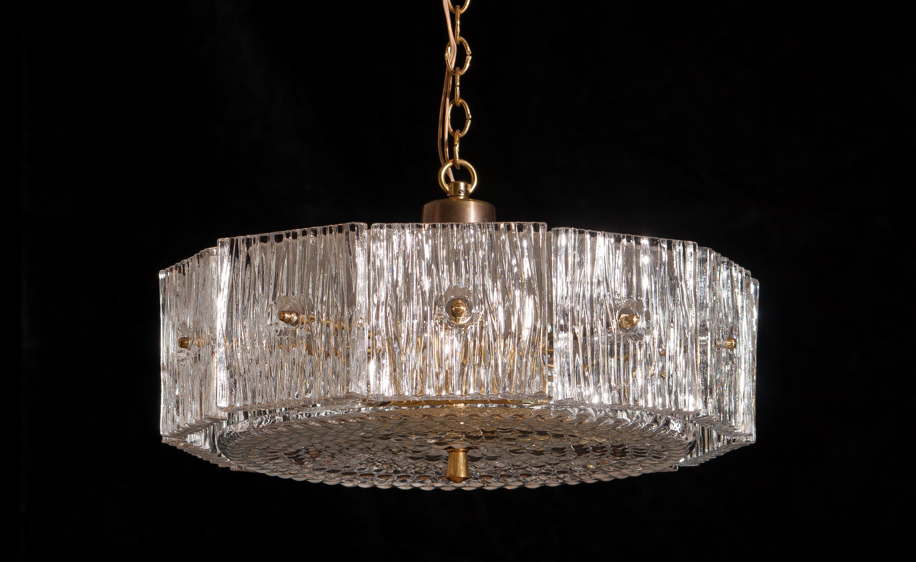 Mid-20th Century 1960s, Brass and Clear Crystal Pendant by Carl Fagerlund for Orrefors