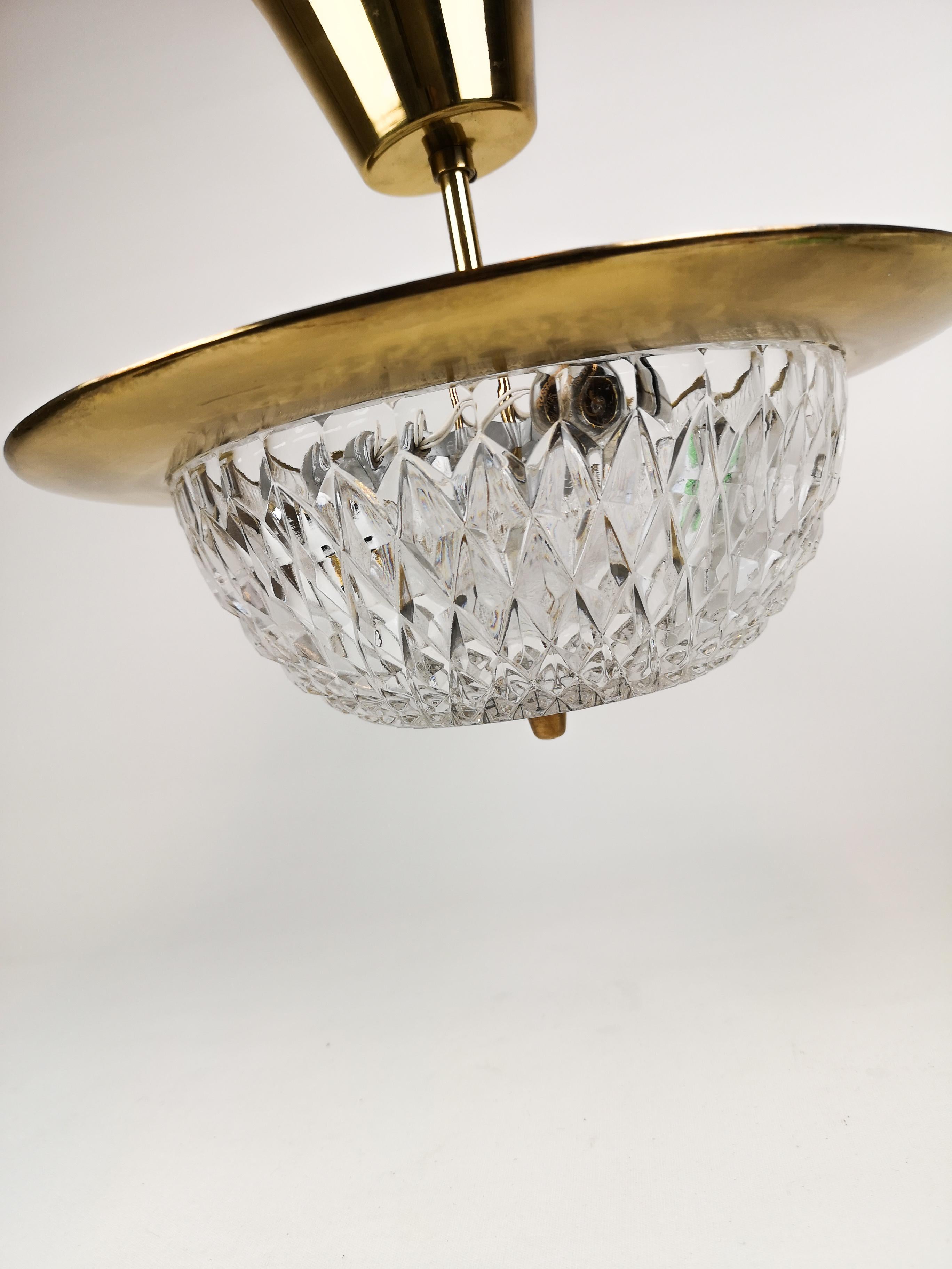 1960s, Brass and Crystal Celling Lamp by Tyringe for Orrefors, Sweden For Sale 5