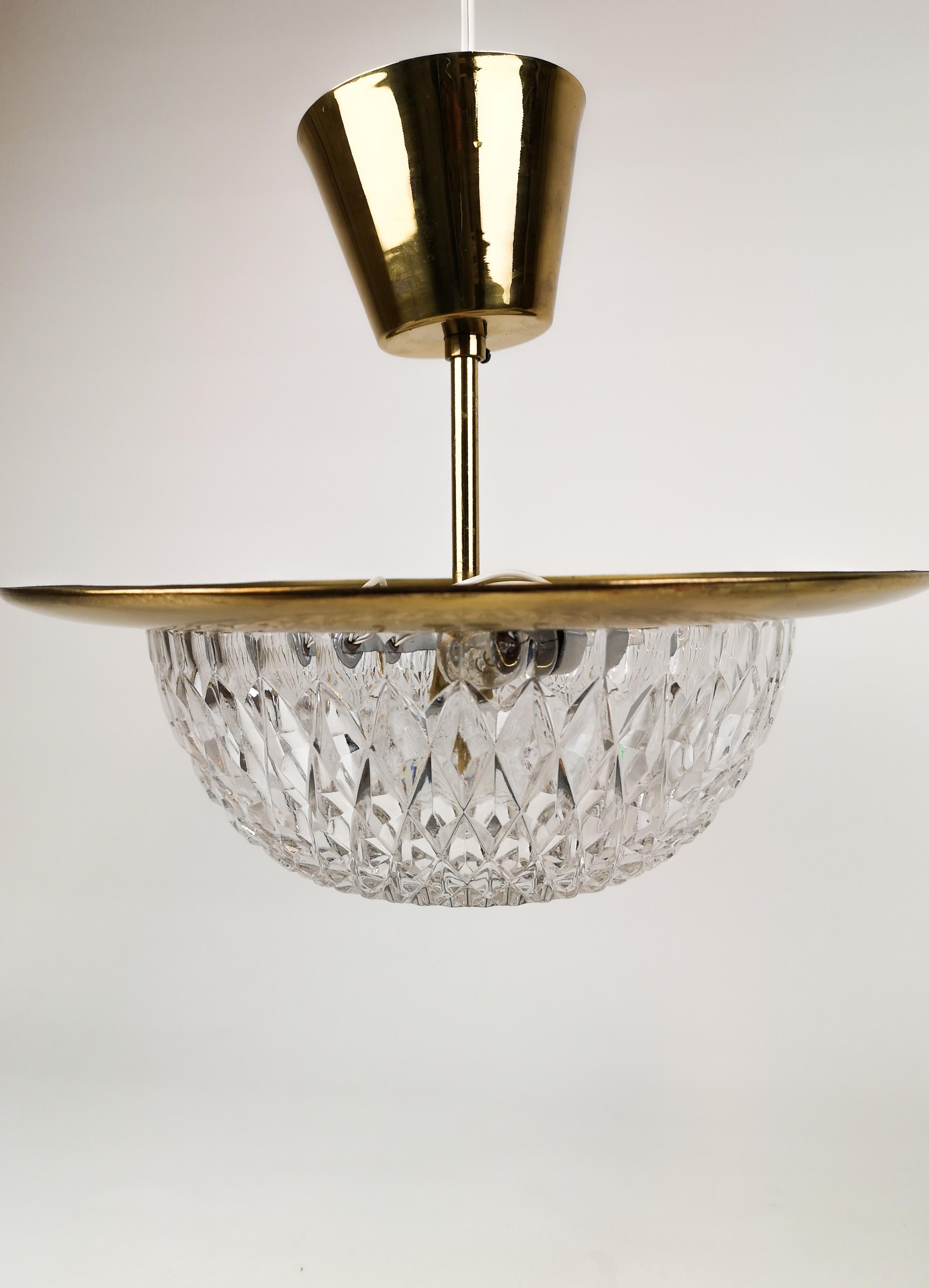 Scandinavian Modern 1960s, Brass and Crystal Celling Lamp by Tyringe for Orrefors, Sweden For Sale