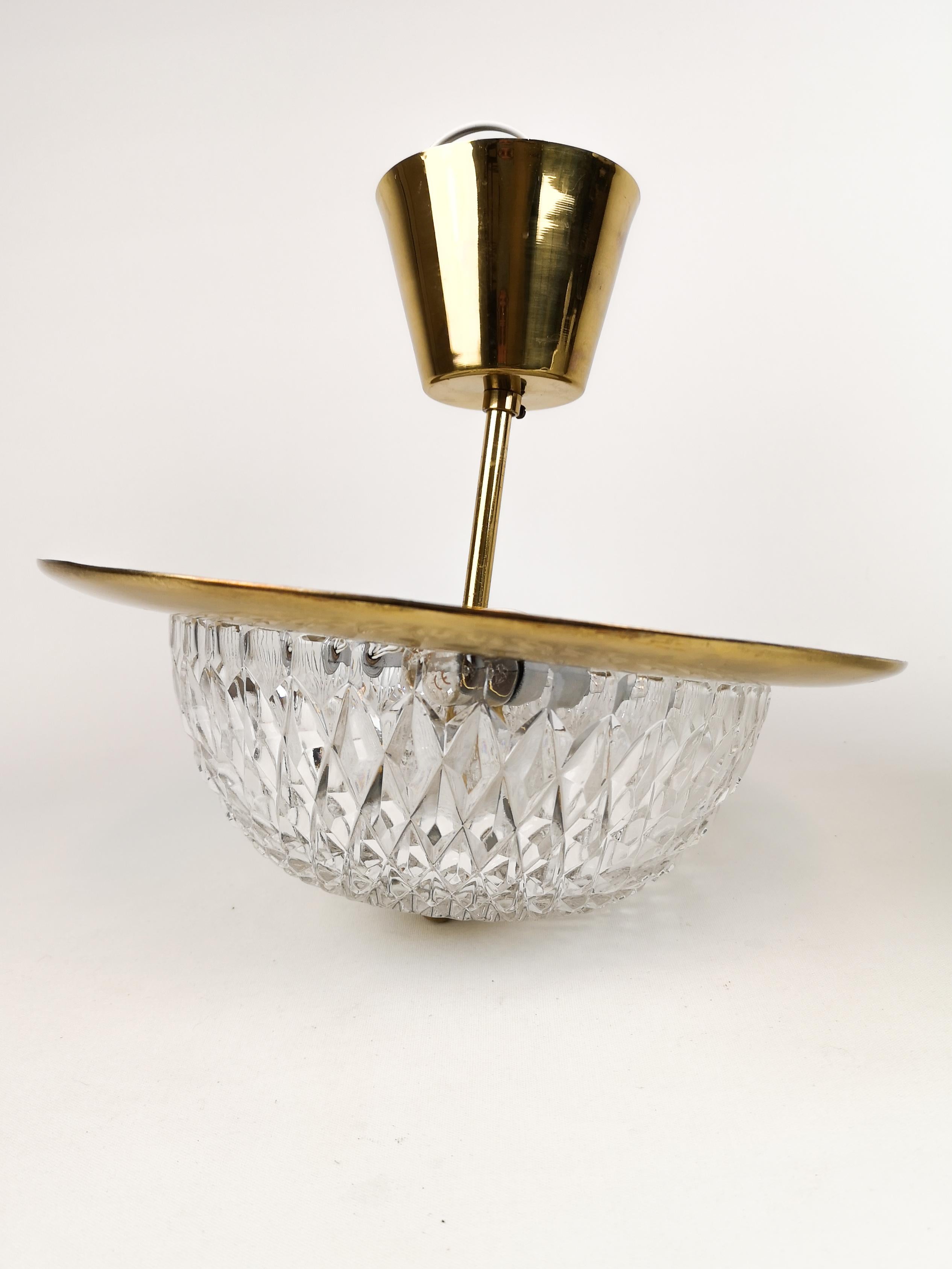 Swedish 1960s, Brass and Crystal Celling Lamp by Tyringe for Orrefors, Sweden For Sale