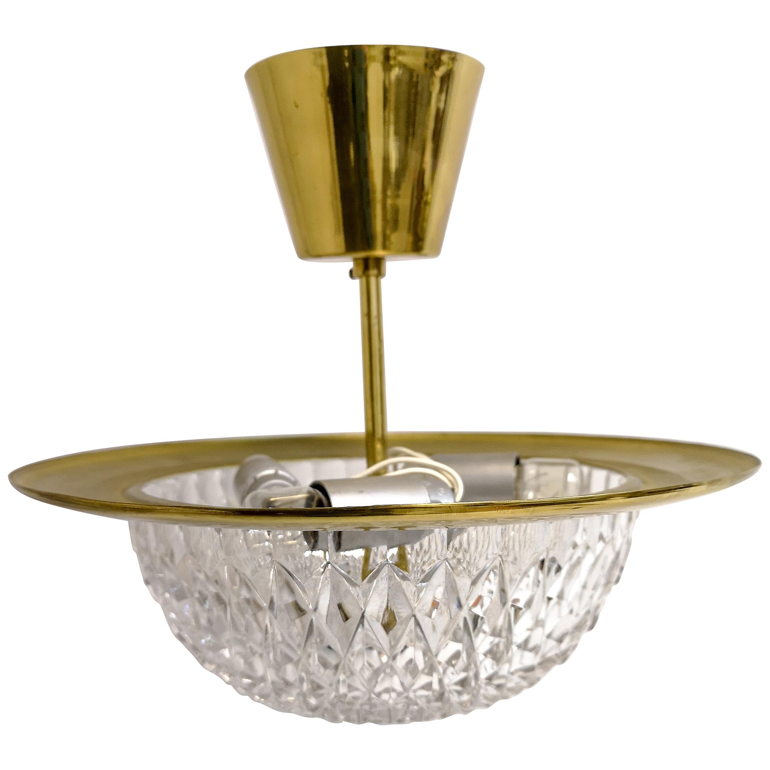 1960s, Brass and Crystal Celling Lamp by Tyringe for Orrefors, Sweden For Sale