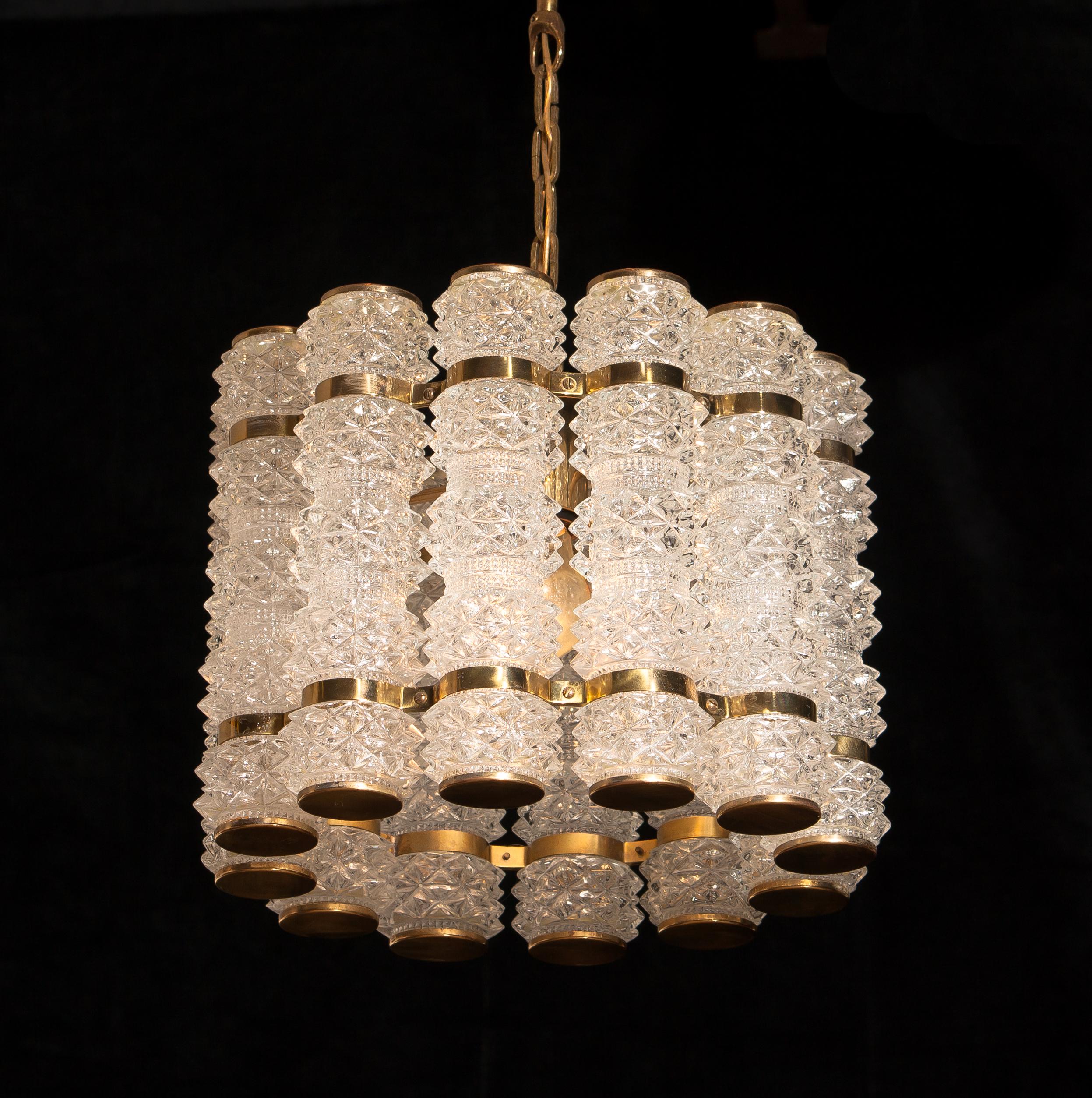 1960s, Brass and Crystal Cylinder Chandelier by Tyringe for Orrefors, Sweden 4