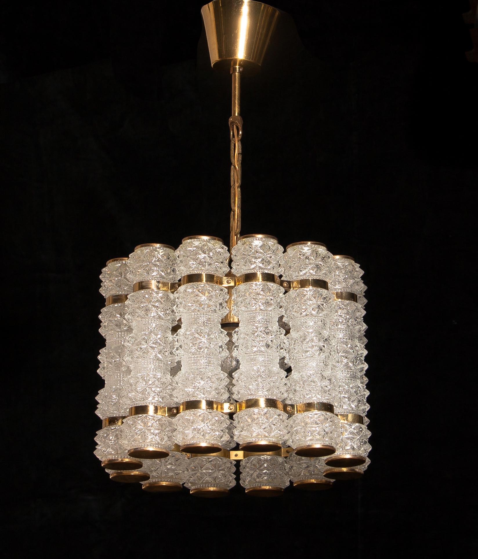 1960s, Brass and Crystal Cylinder Chandelier by Tyringe for Orrefors, Sweden 5