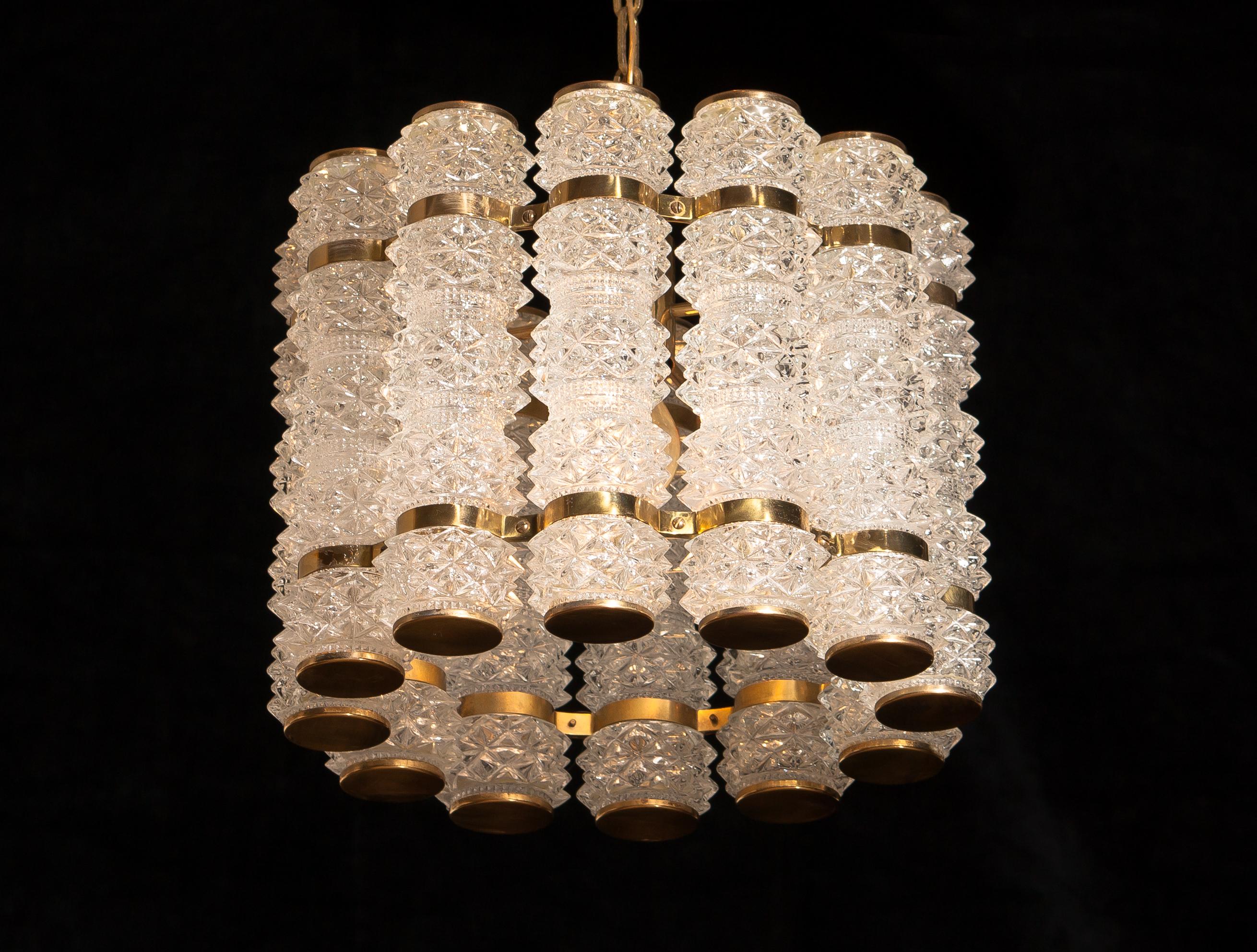 Swedish 1960s, Brass and Crystal Cylinder Chandelier by Tyringe for Orrefors, Sweden