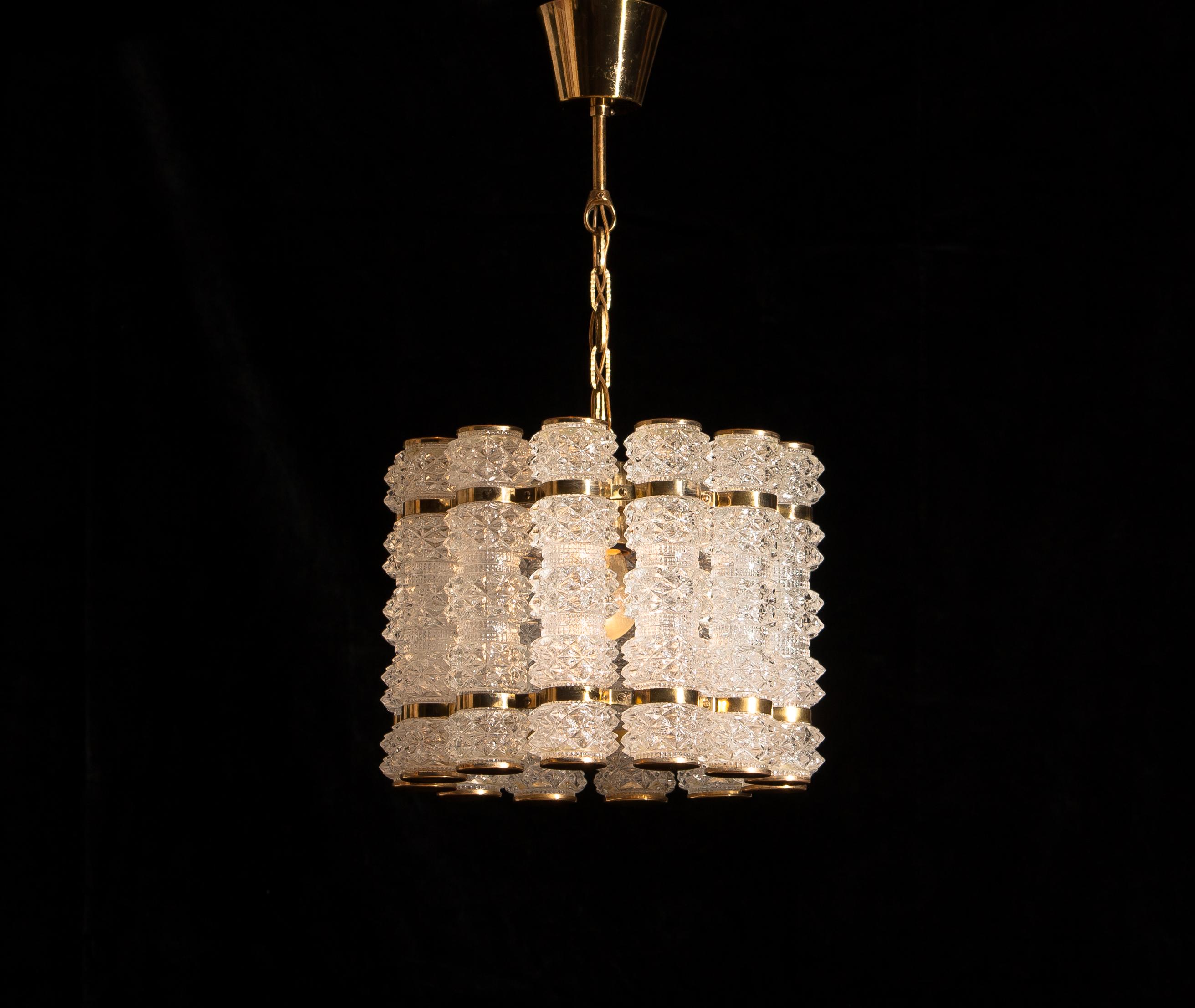 Swedish 1960s, Brass and Crystal Cylinder Chandelier by Tyringe for Orrefors, Sweden