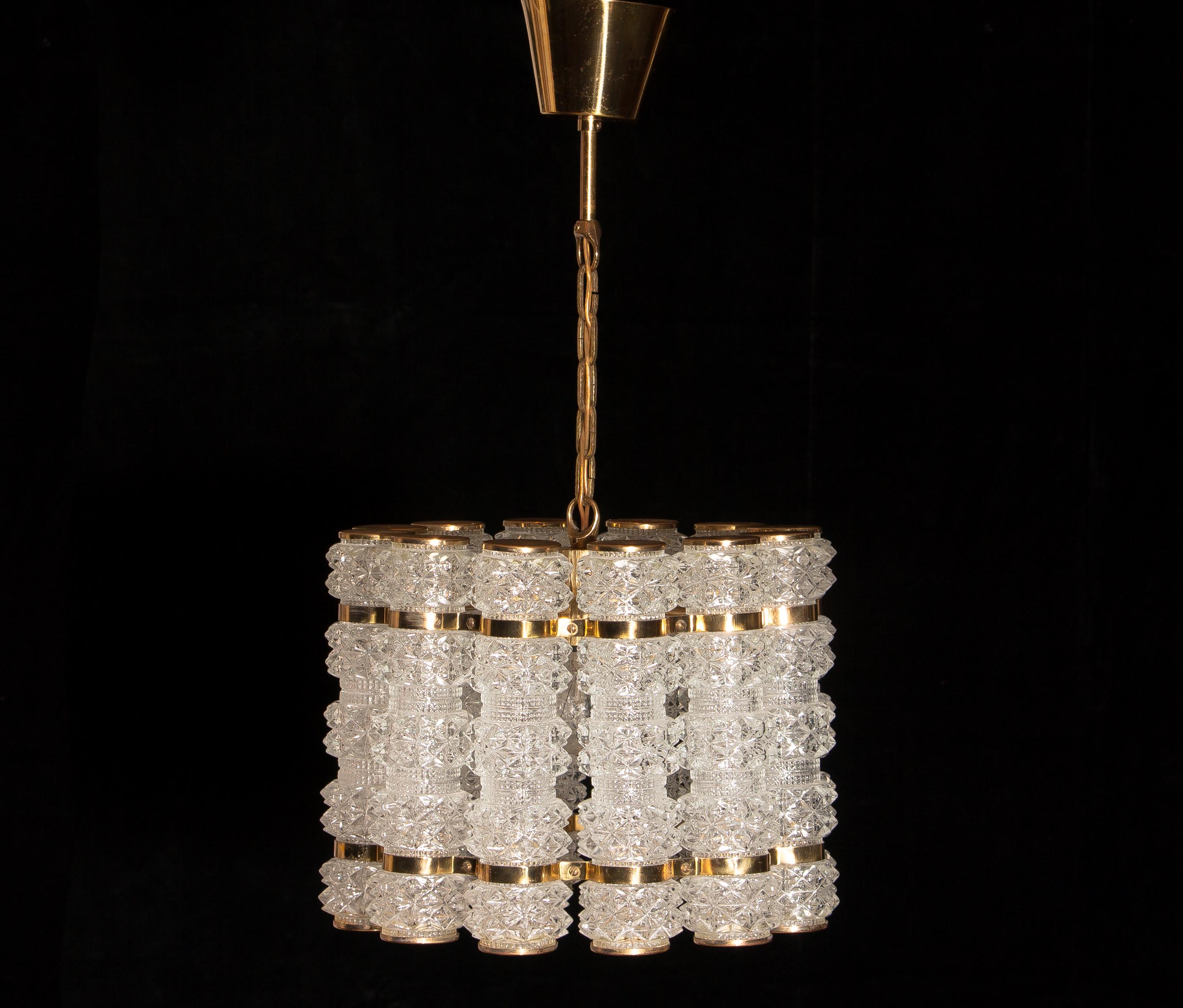 1960s, Brass and Crystal Cylinder Chandelier by Tyringe for Orrefors, Sweden 2