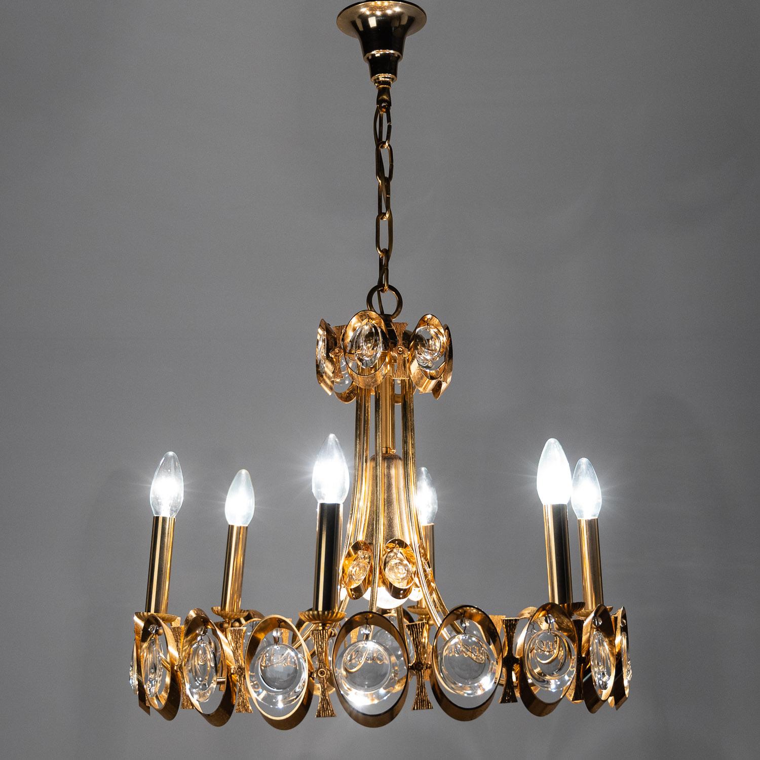 1960's Brass and Crystal Glass Chandelier by Palwa For Sale 6
