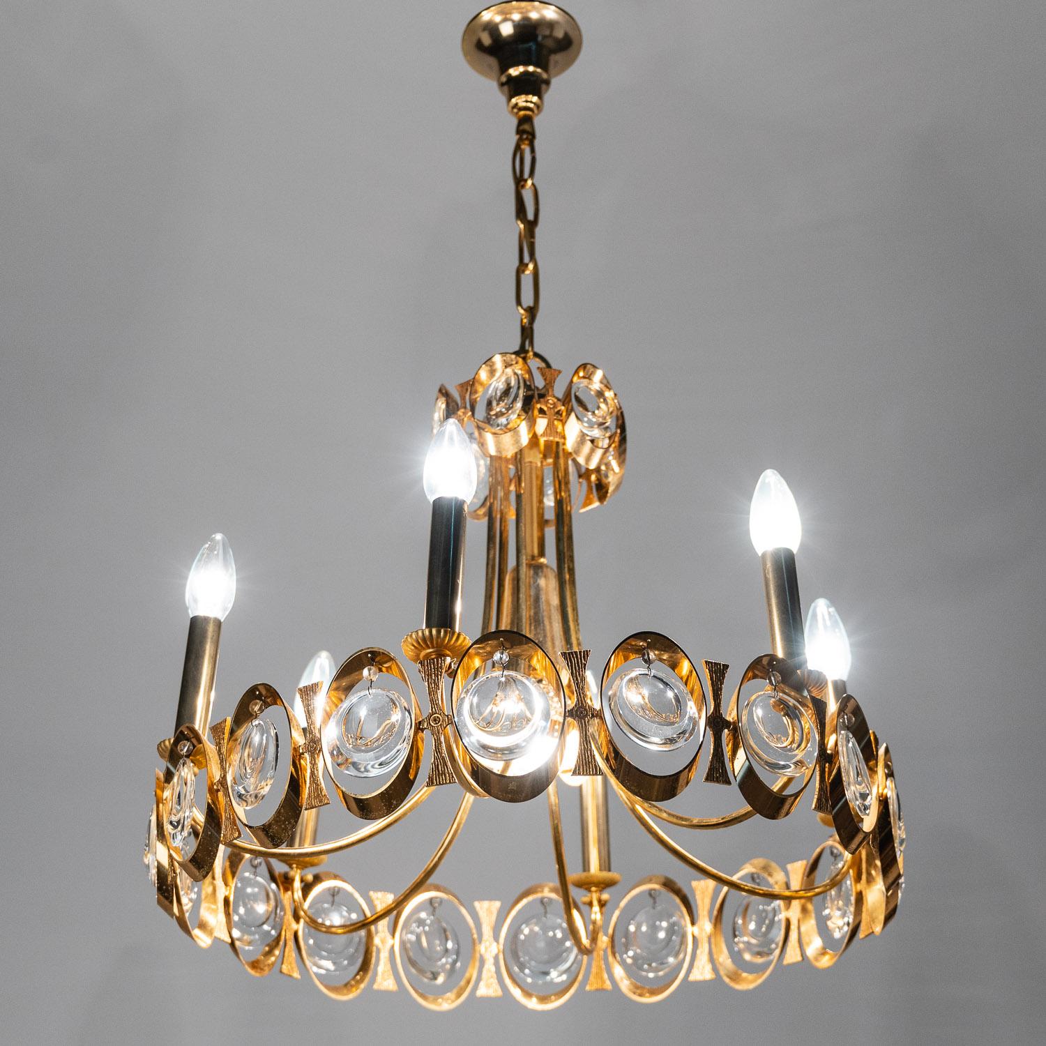 1960's Brass and Crystal Glass Chandelier by Palwa For Sale 7