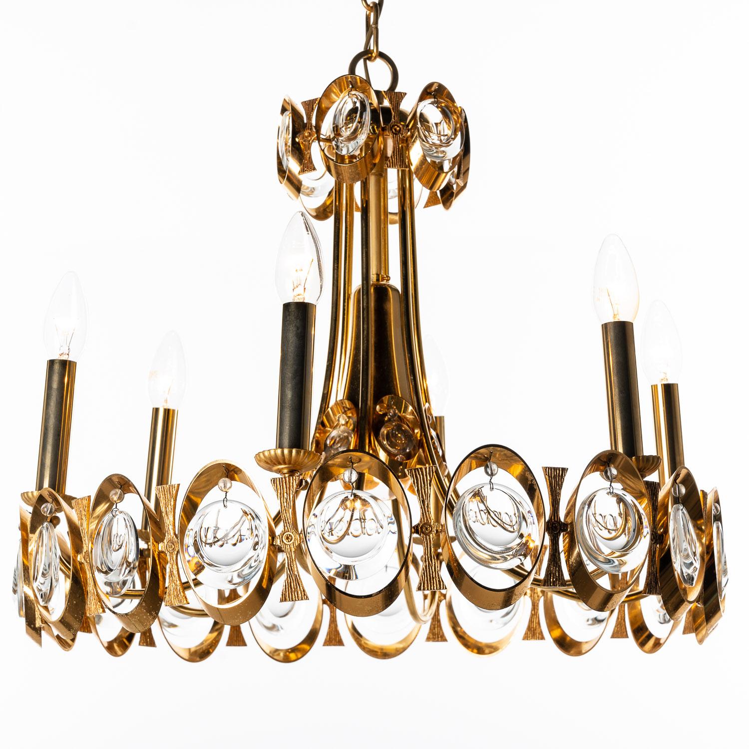 1960's Brass and Crystal Glass Chandelier by Palwa In Fair Condition For Sale In Amsterdam, NH