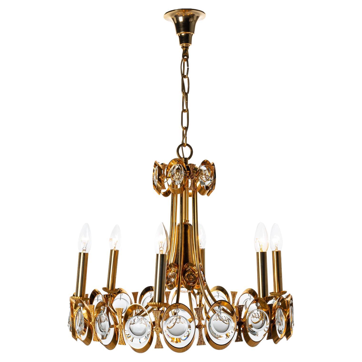 1960's Brass and Crystal Glass Chandelier by Palwa For Sale