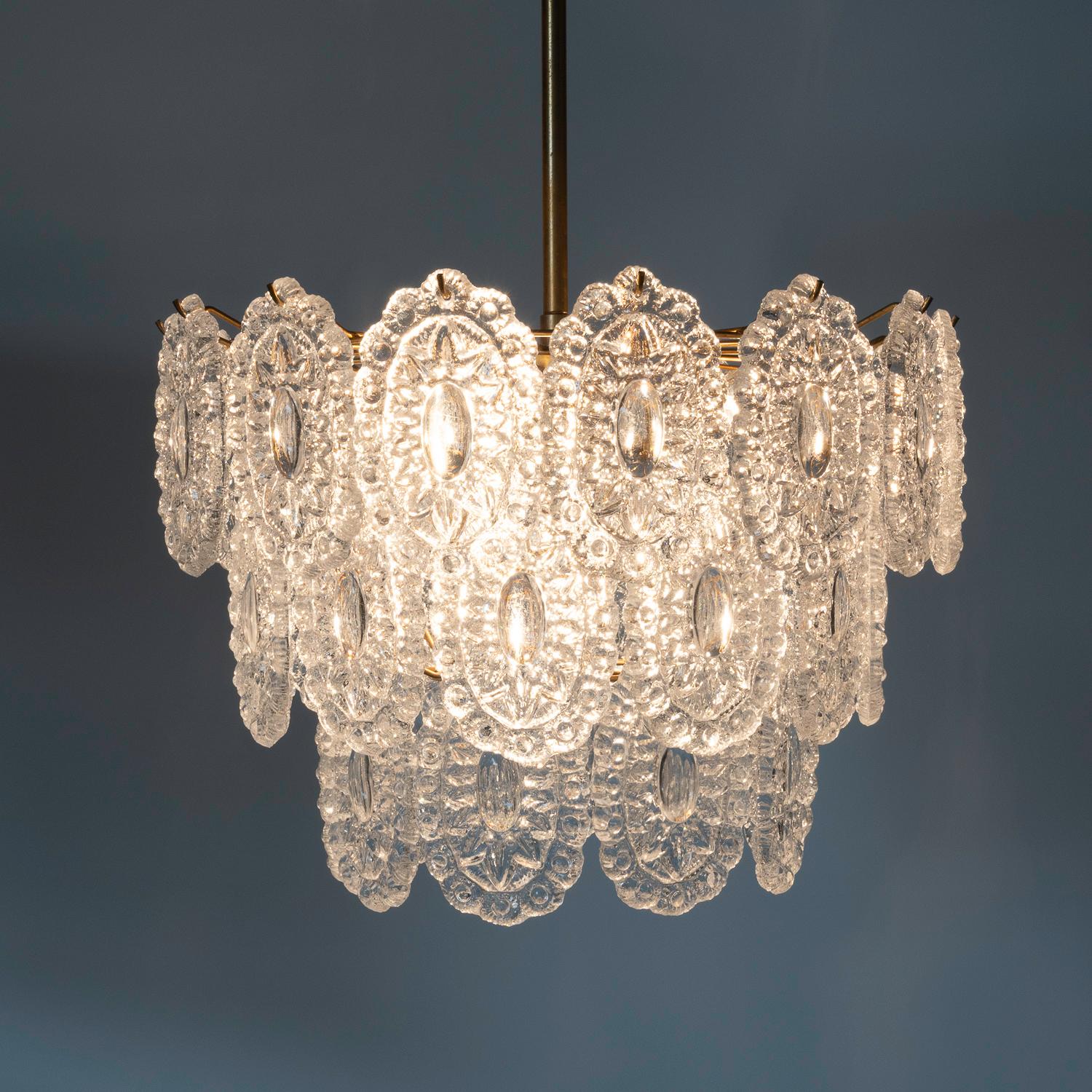 Swedish 1960's Brass and Glass Chandelier Attributed to Orrefors For Sale