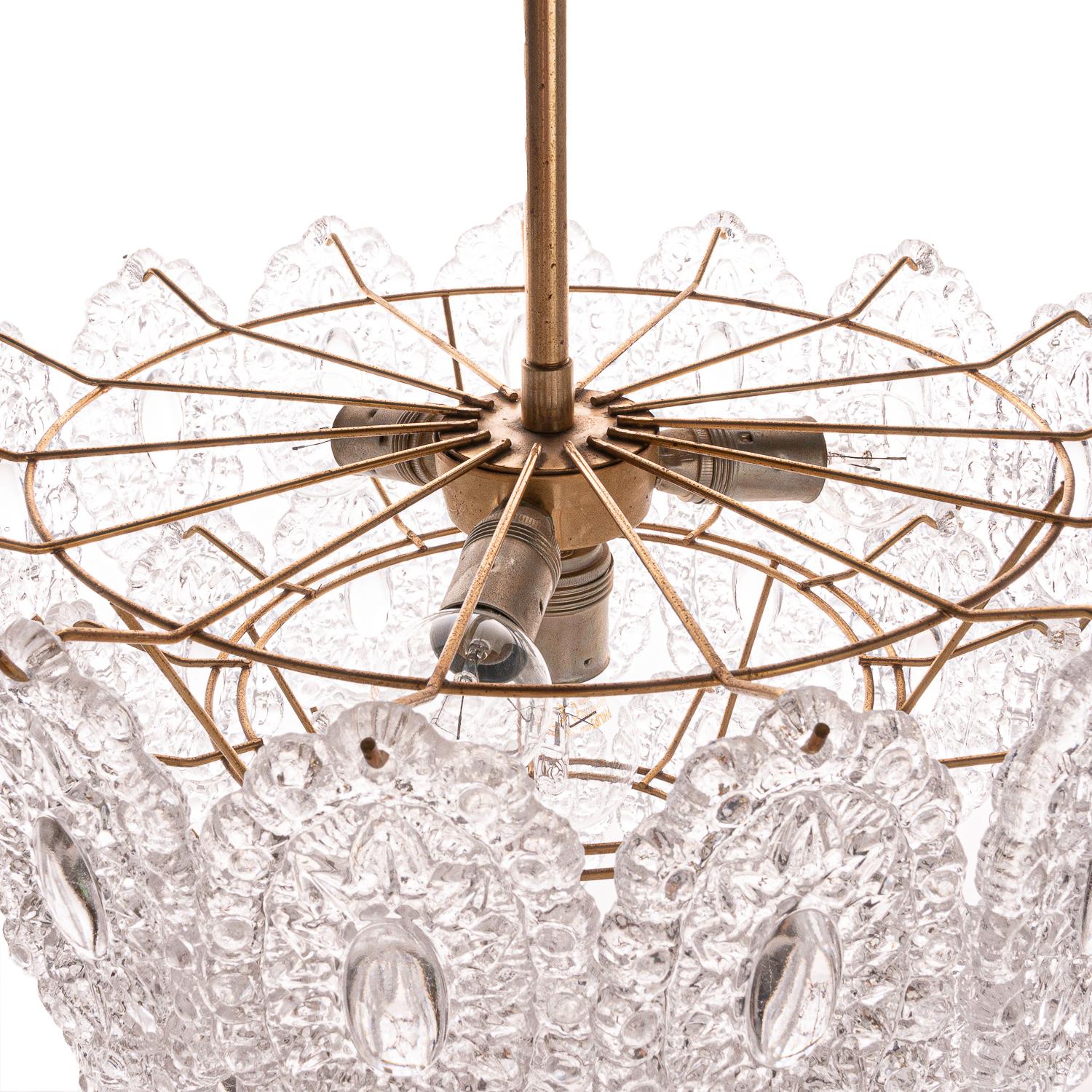 20th Century 1960's Brass and Glass Chandelier Attributed to Orrefors For Sale