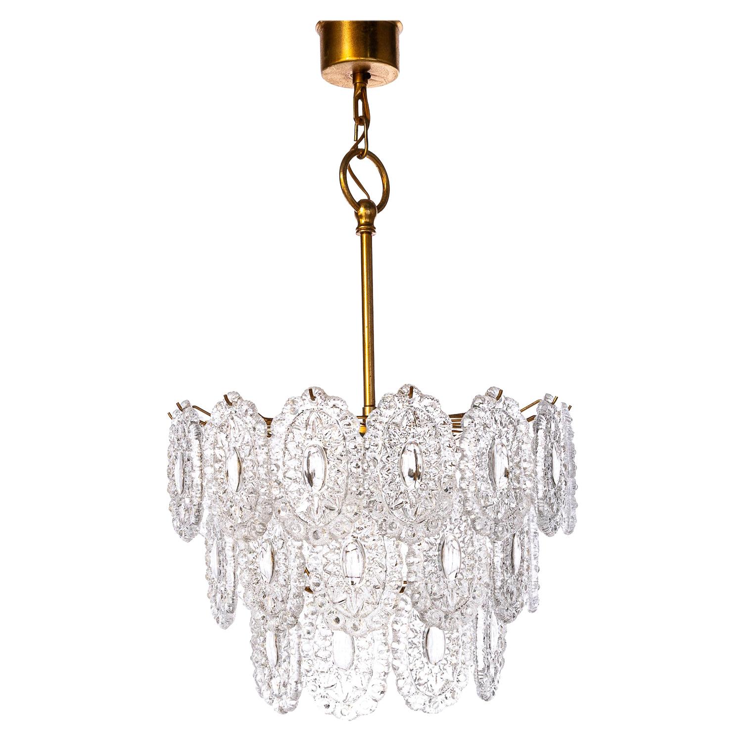 1960's Brass and Glass Chandelier Attributed to Orrefors For Sale