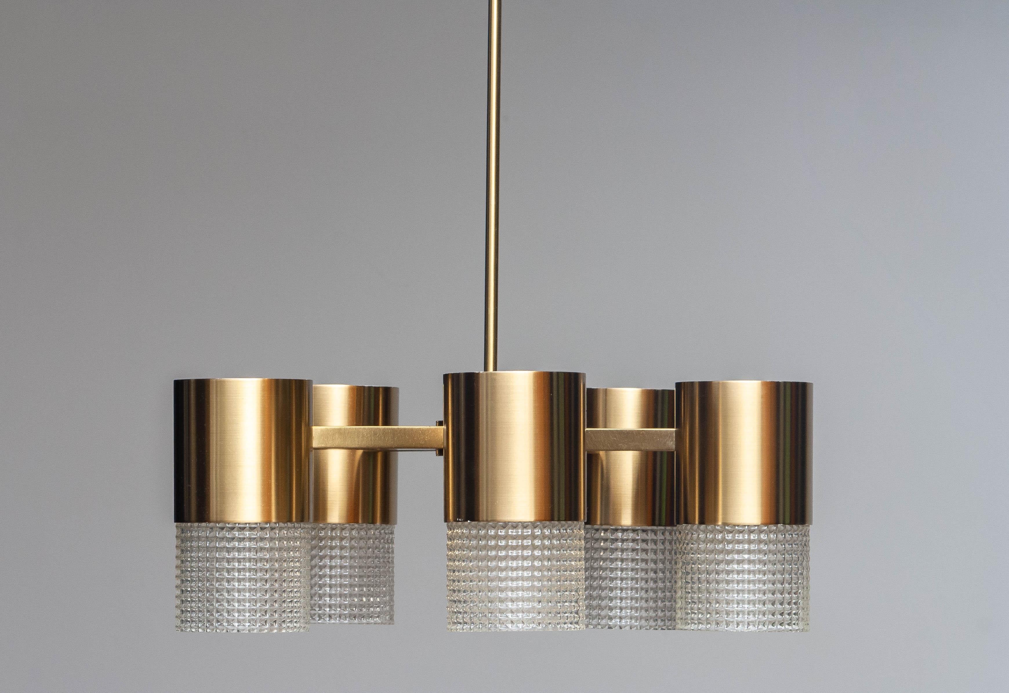 Mid-20th Century 1960s Brass and Glass Cylindrical Chandelier by Konsthantverk Tyringe, Sweden