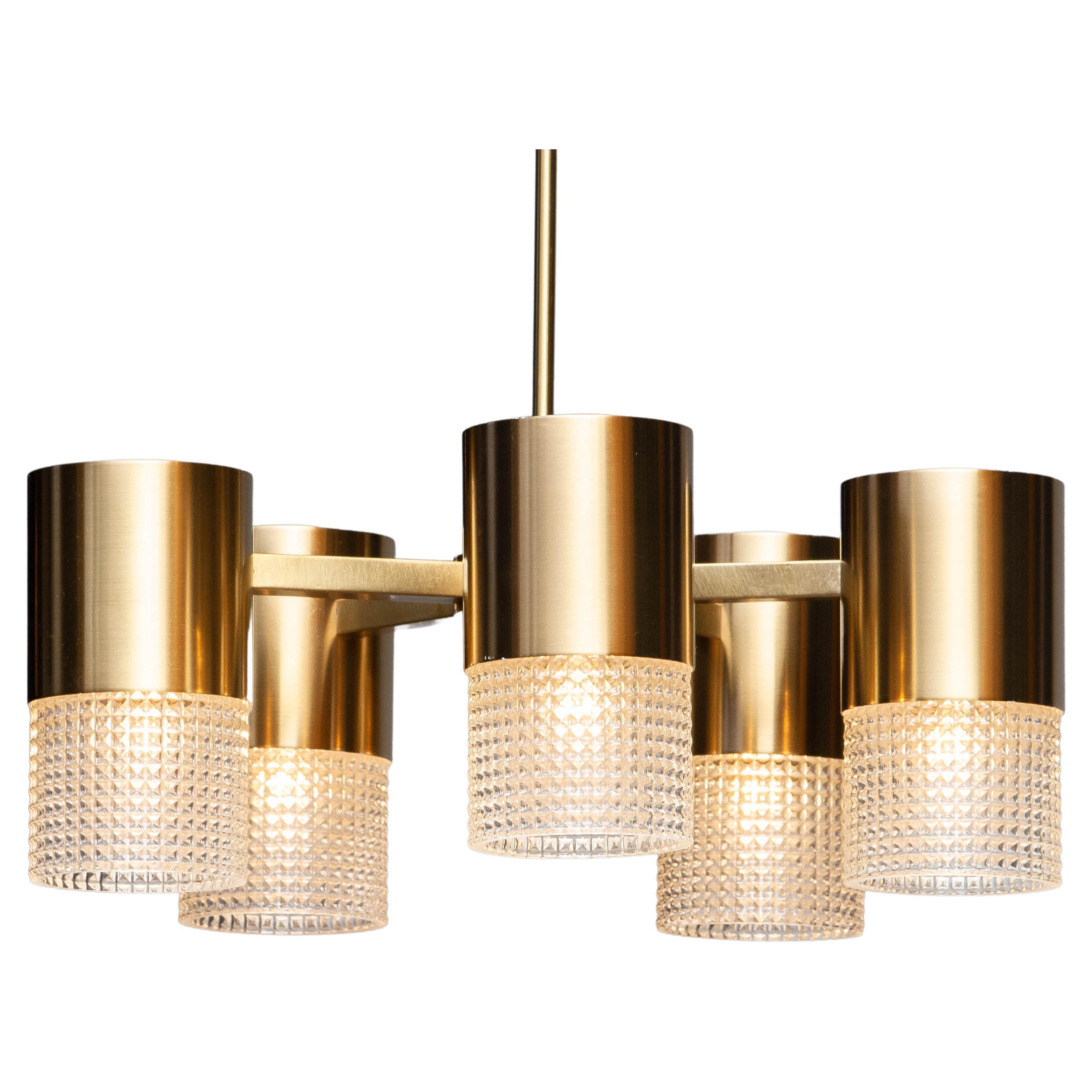 1960s Brass and Glass Cylindrical Chandelier by Konsthantverk Tyringe, Sweden
