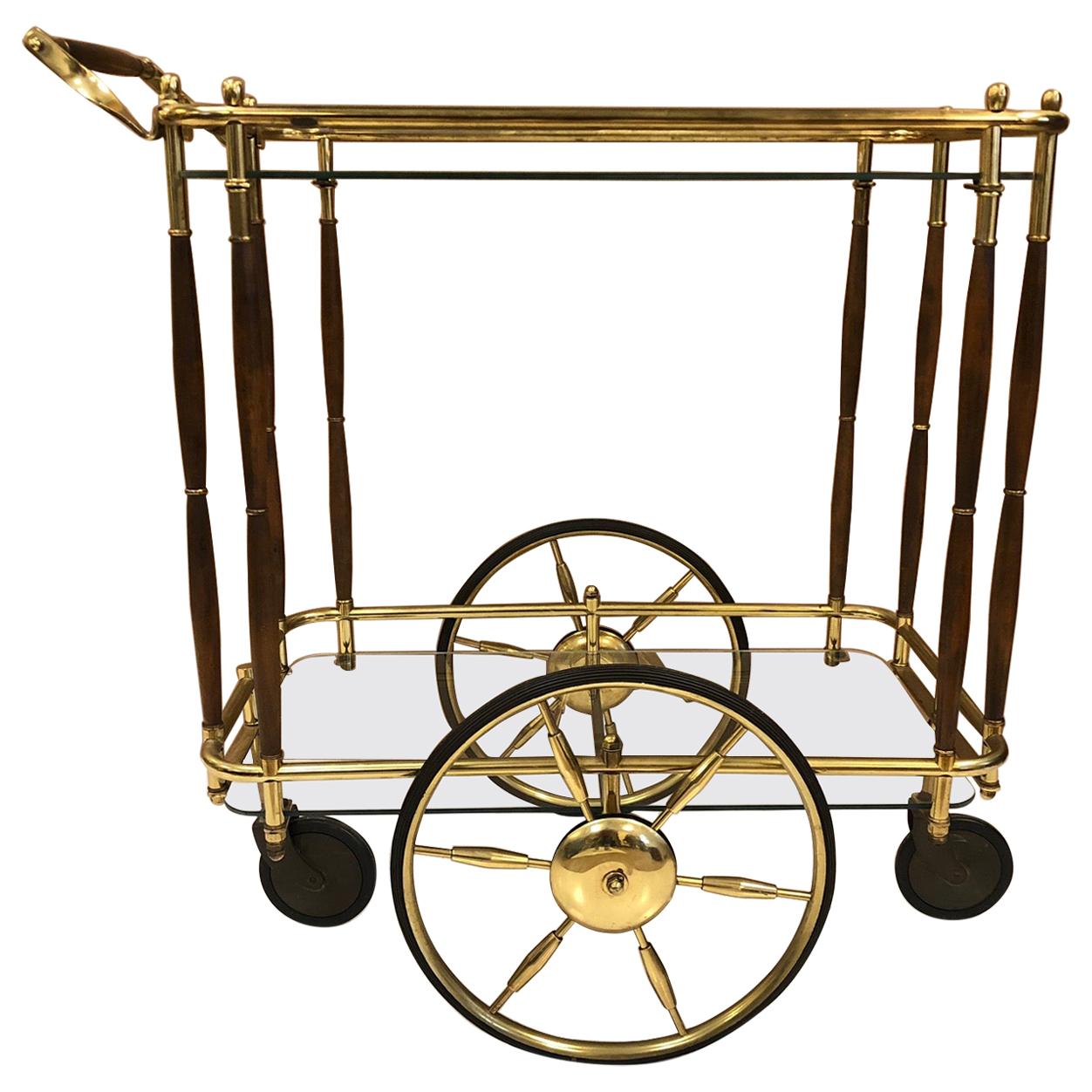 English TwoTier Brass and Glass Bar Cart with Bottle Holders and Brass