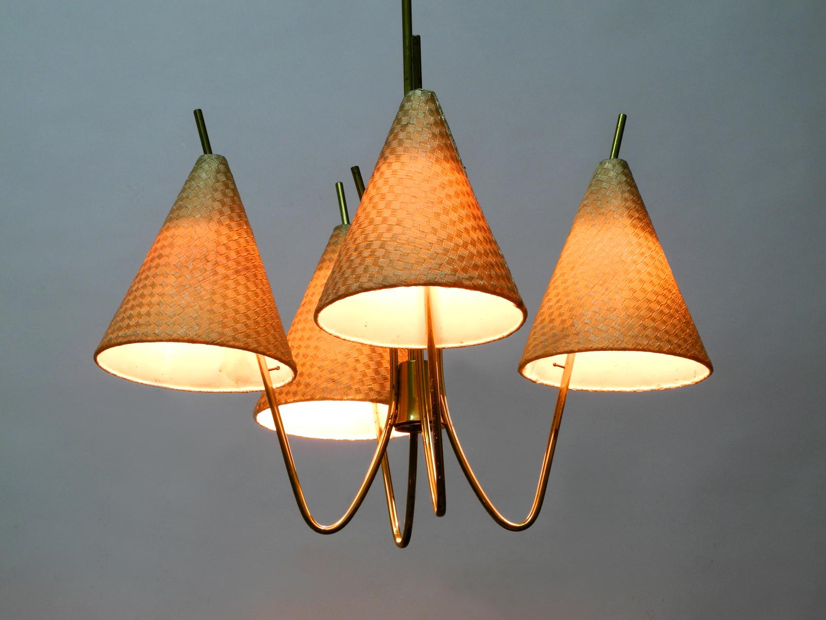Very rare elegant 1960s ceiling lamp by J. T. Kalmar, Made in Austria. Frame entirely made of brass, the shades are made of raffia. Very stunning and elegant design. The lamp is in a very good original vintage condition. No damages to the entire
