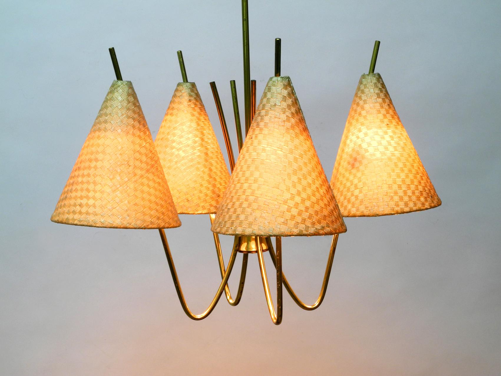Mid-20th Century 1960s Brass Ceiling Lamp with Bast Shades by J. T. Kalmar Made in Austria