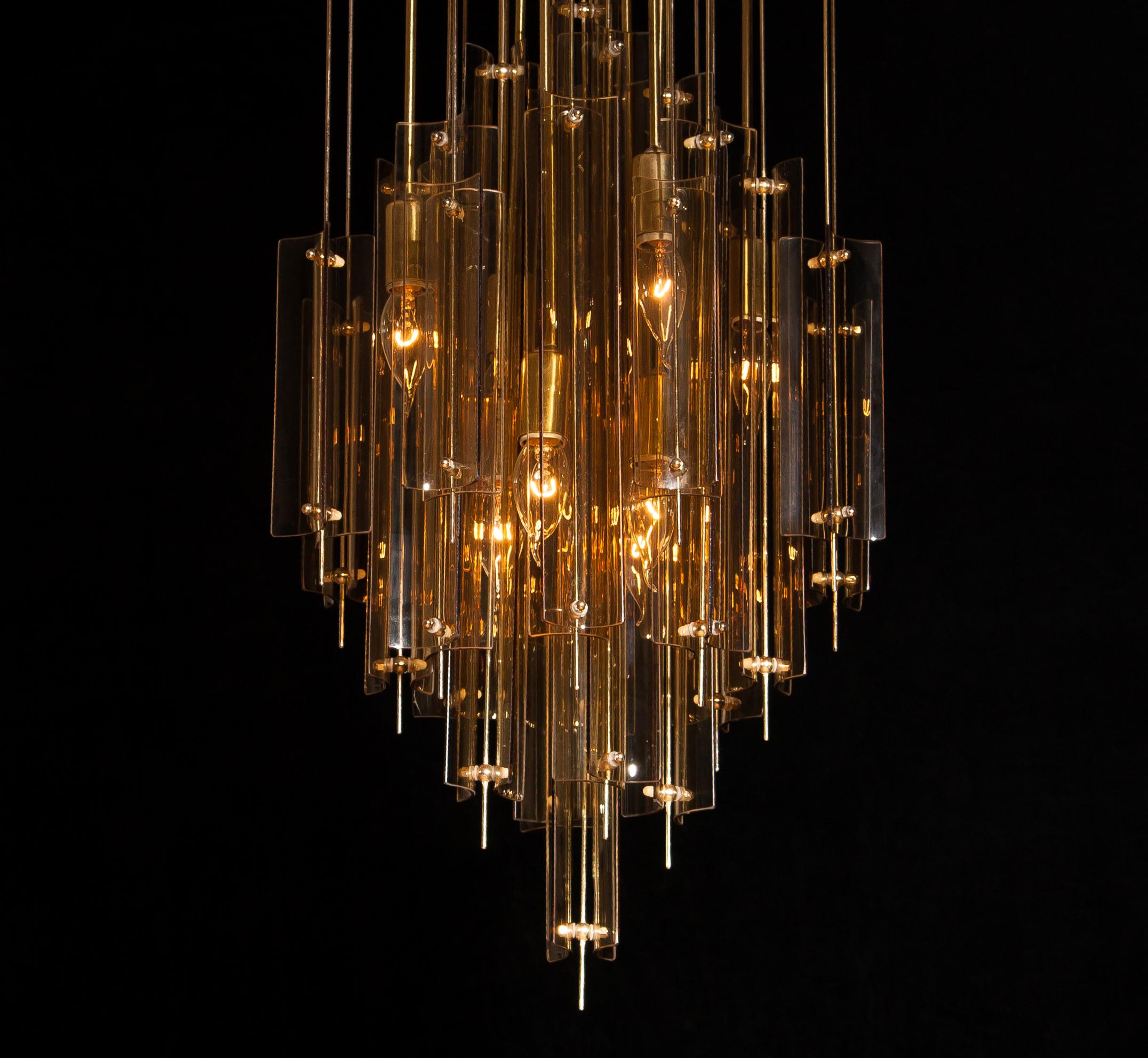Mid-Century Modern 1960s Brass Chandelier with Smoked Glass by Verner Panton