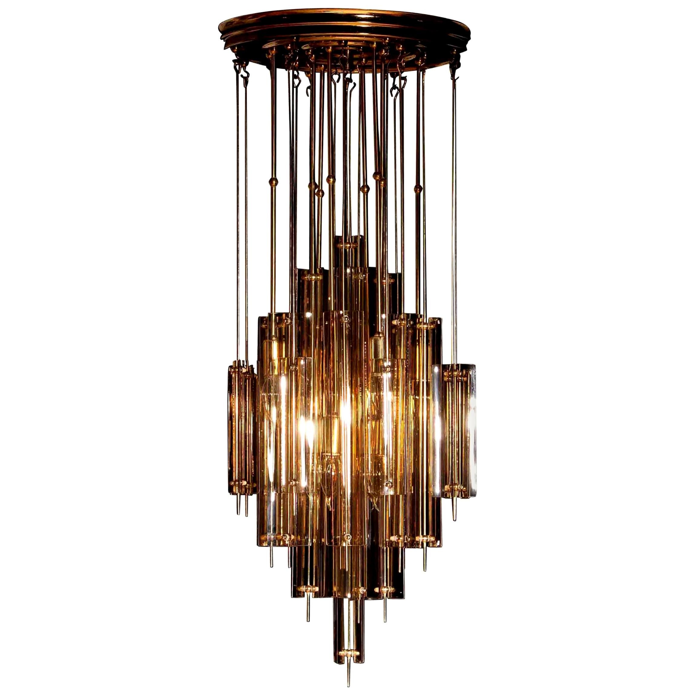 Mid-Century Modern 1960s Brass Chandelier with Smoked Glass by Verner Panton