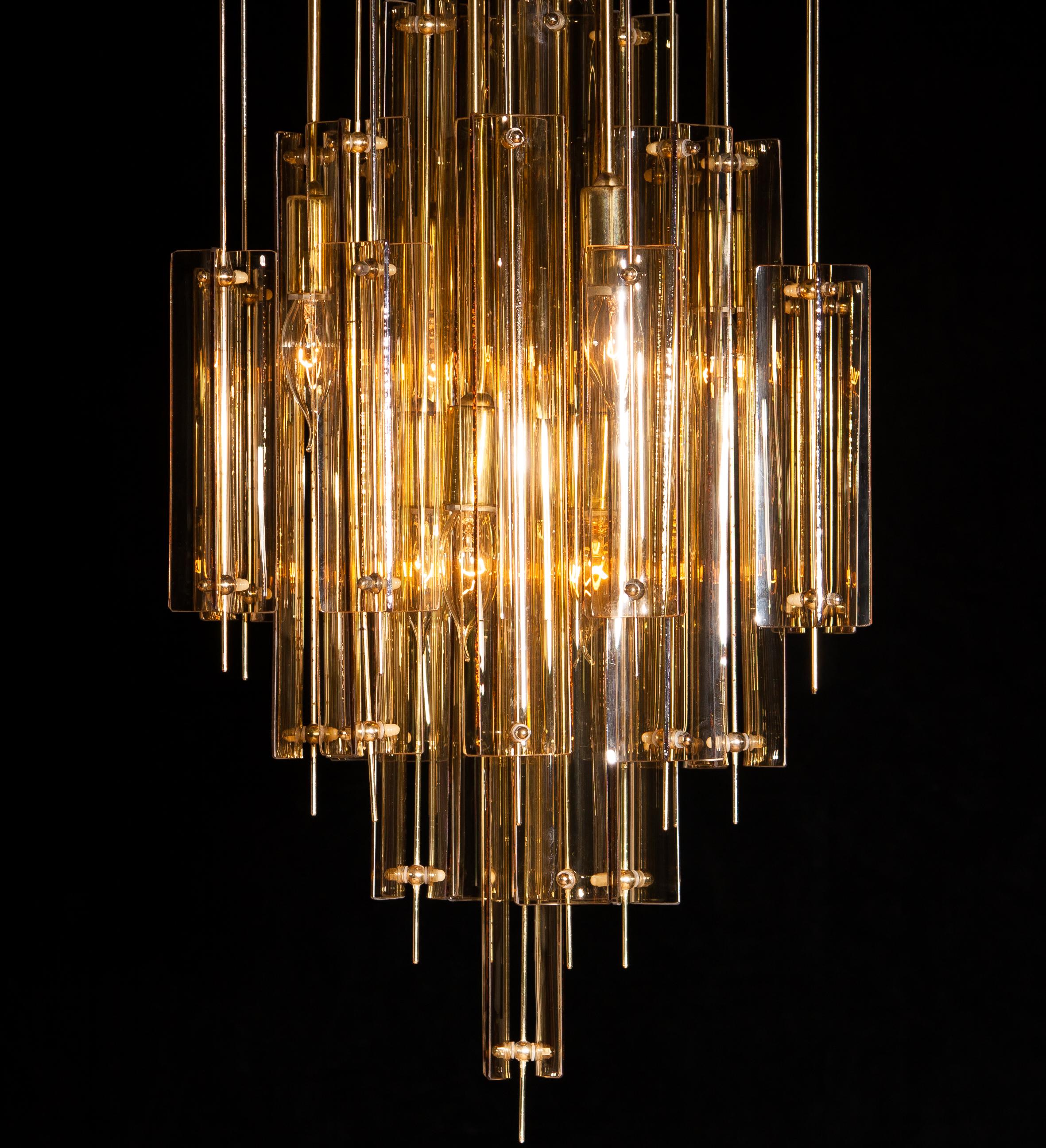 Swiss 1960s Brass Chandelier with Smoked Glass by Verner Panton