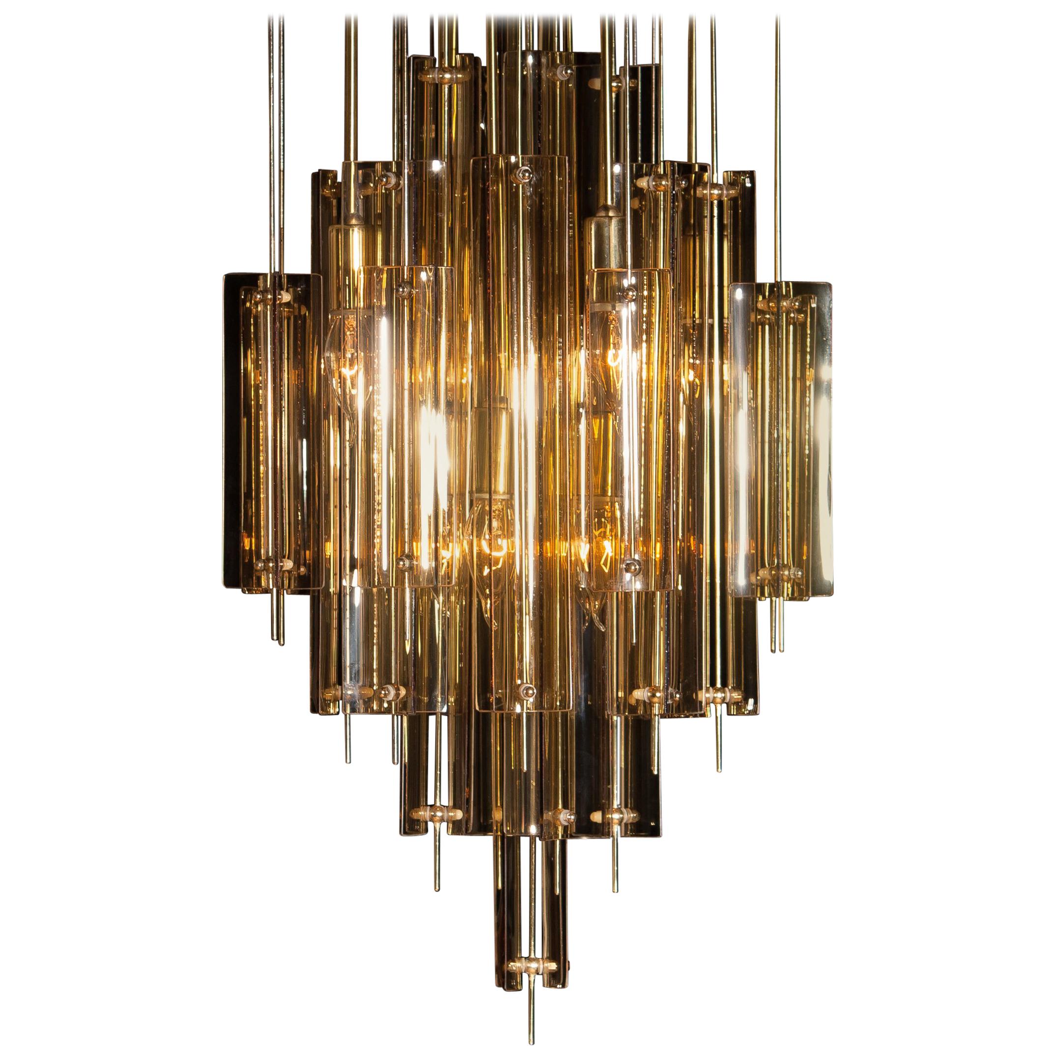 Mid-20th Century 1960s Brass Chandelier with Smoked Glass by Verner Panton