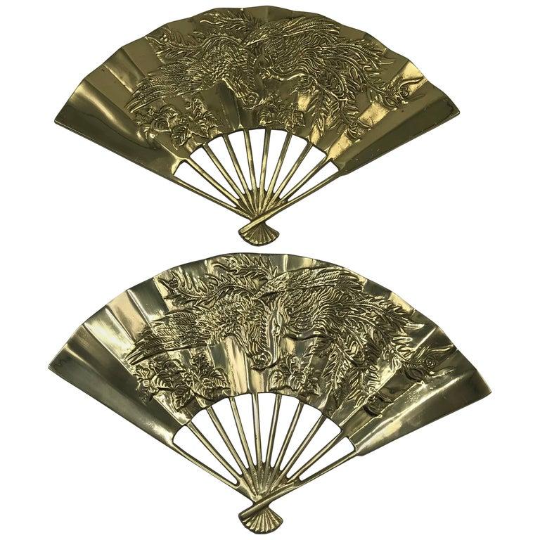 1960s Brass Chinoiserie Fan Wall Sculptures with Dragon Motif, Pair 2