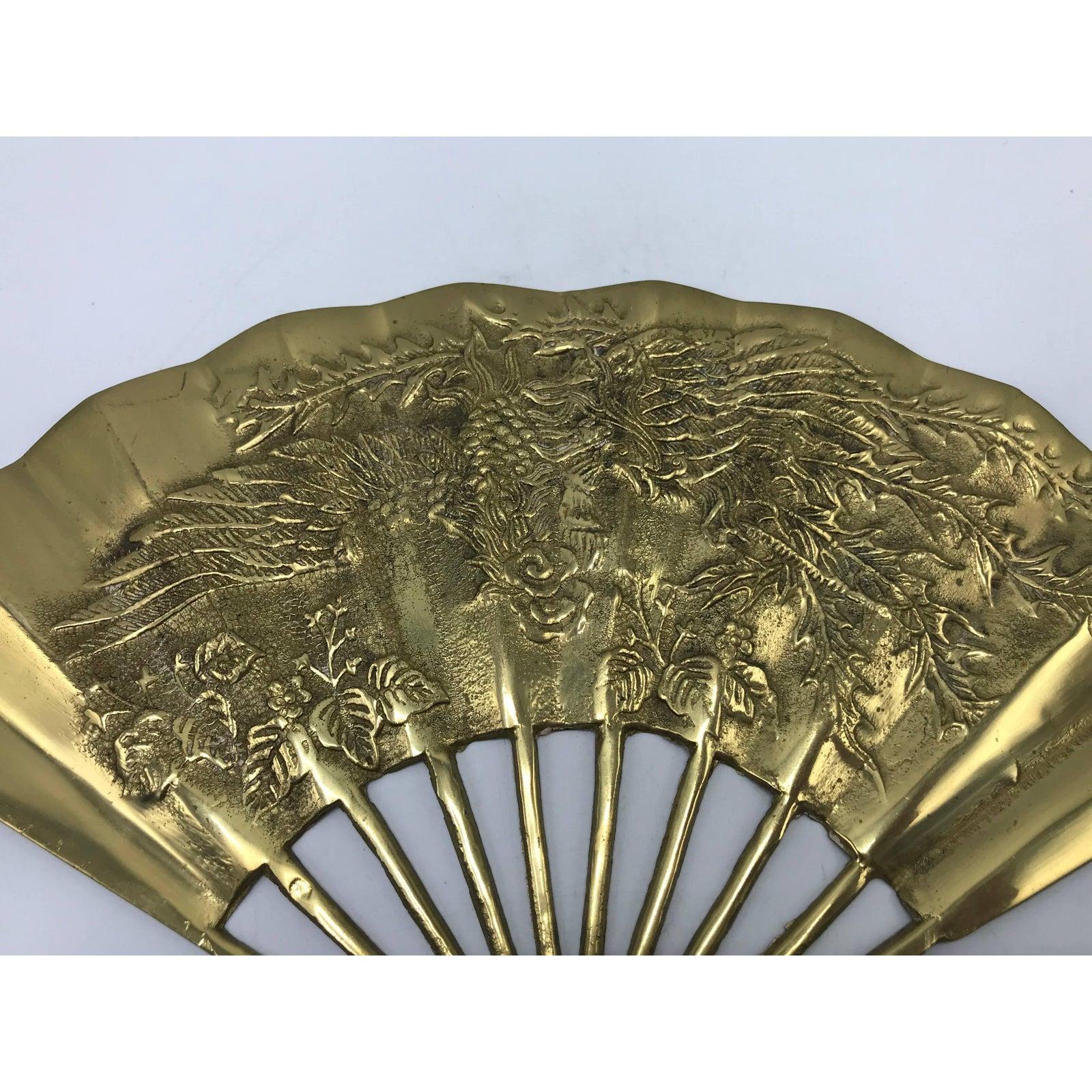 20th Century 1960s Brass Chinoiserie Fan Wall Sculptures with Dragon Motif, Pair