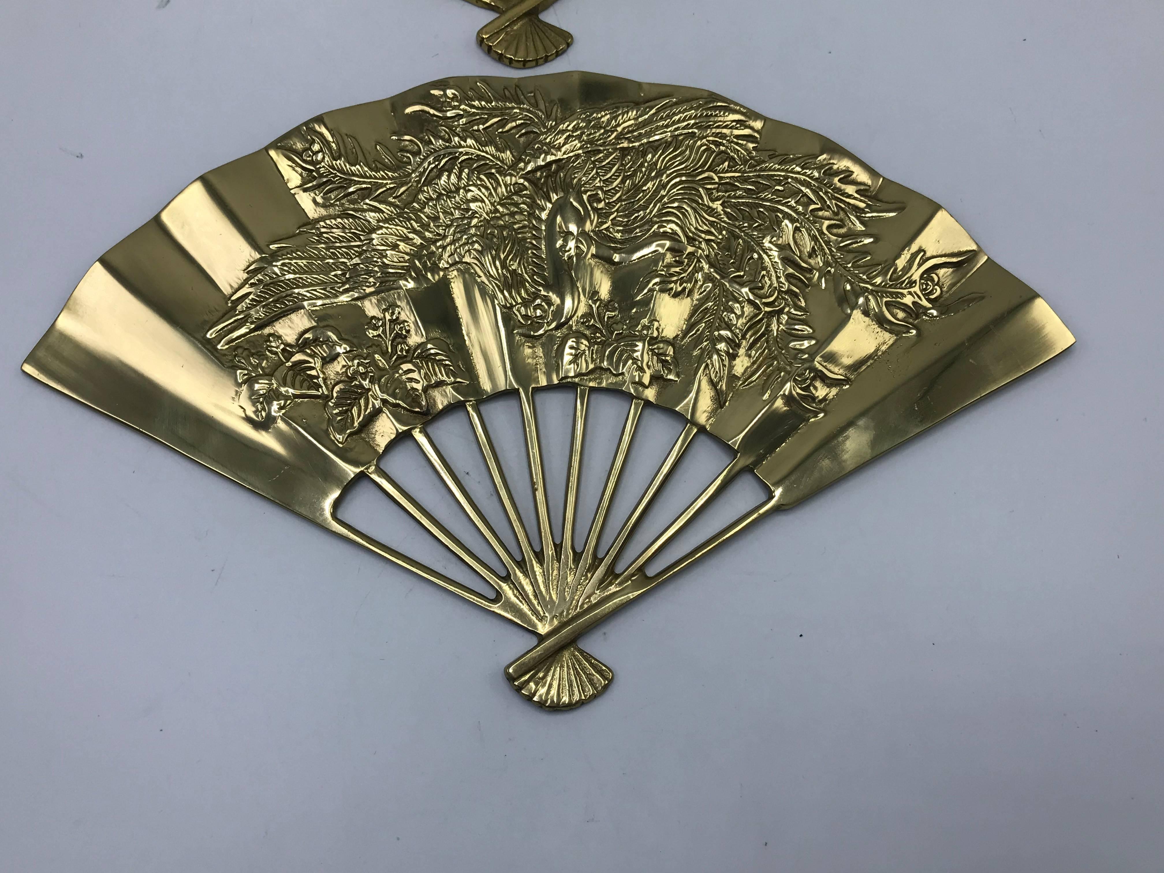 1960s Brass Chinoiserie Fan Wall Sculptures with Dragon Motif, Pair In Good Condition In Richmond, VA